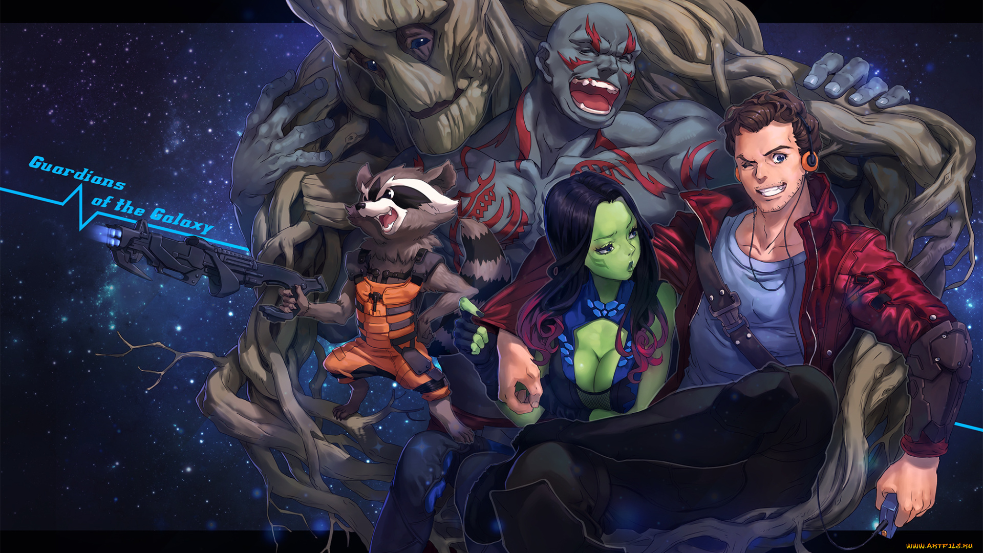 рисованные, кино, mhk, девушка, gamora, парни, drax, the, destroyer, groot, peter, quill, rocket, racoon, улыбка, смущение, объятья, оружие, guardians, of, galaxy