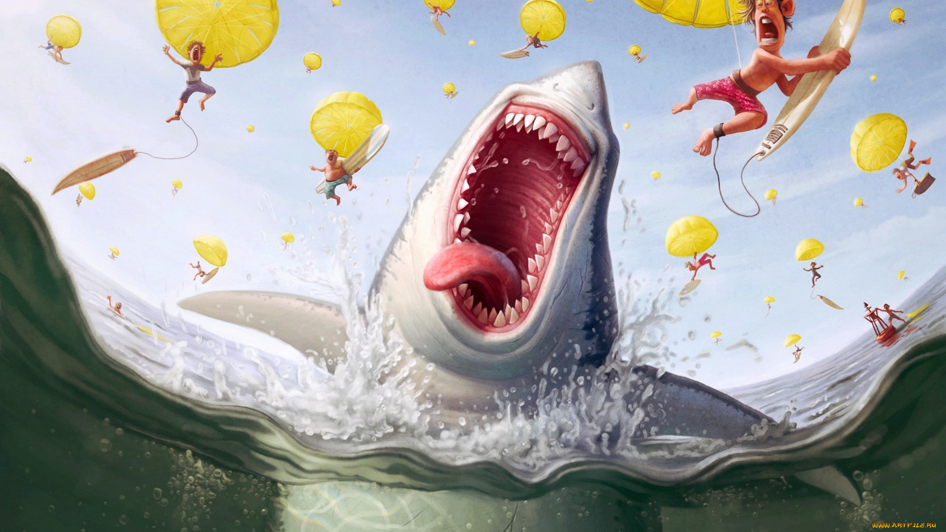юмор, и, приколы, парашюты, небо, аппетит, акулы, море, ужас, серферы, доски