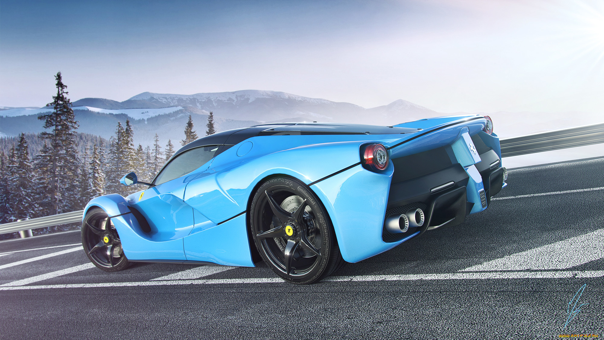 автомобили, ferrari, laferrari, supercar, пейзаж, дорога, голубой, небо, горы