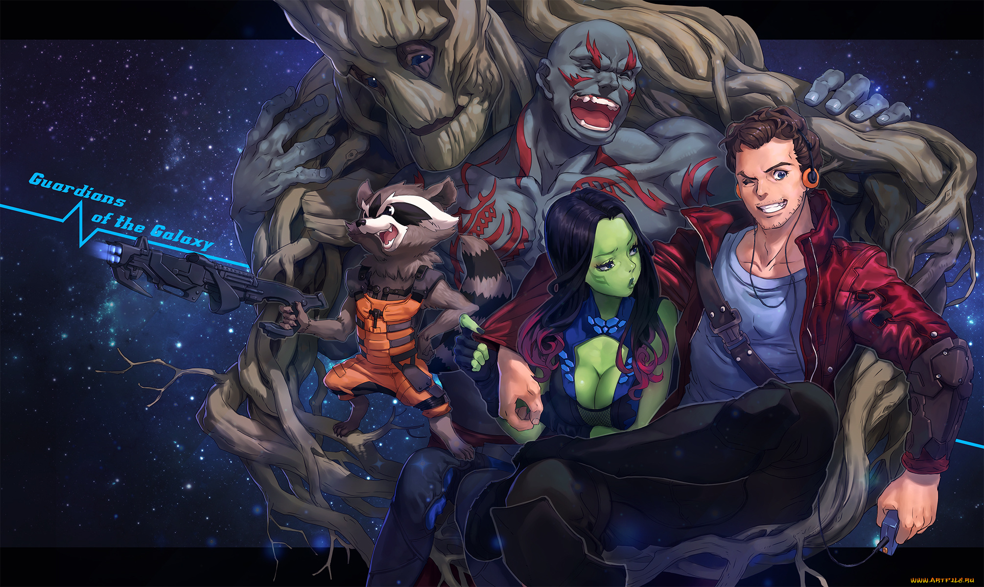 рисованные, кино, mhk, девушка, gamora, парни, drax, the, destroyer, groot, peter, quill, rocket, racoon, улыбка, смущение, объятья, оружие, guardians, of, galaxy