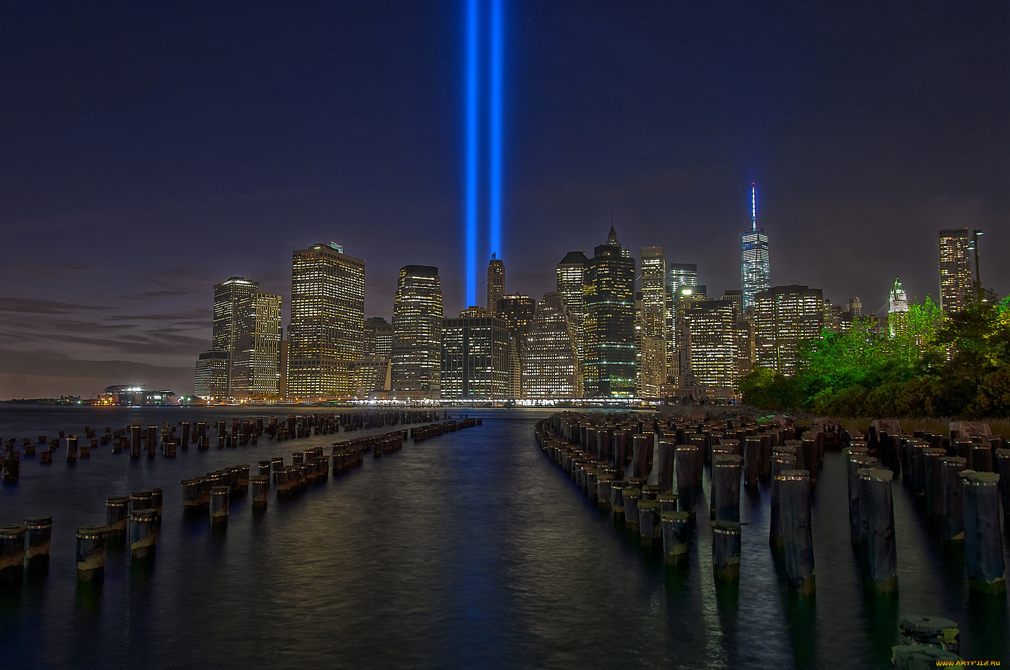 manhattan, города, нью-йорк, , сша, сваи, огни, залив, ночь, небоскребы