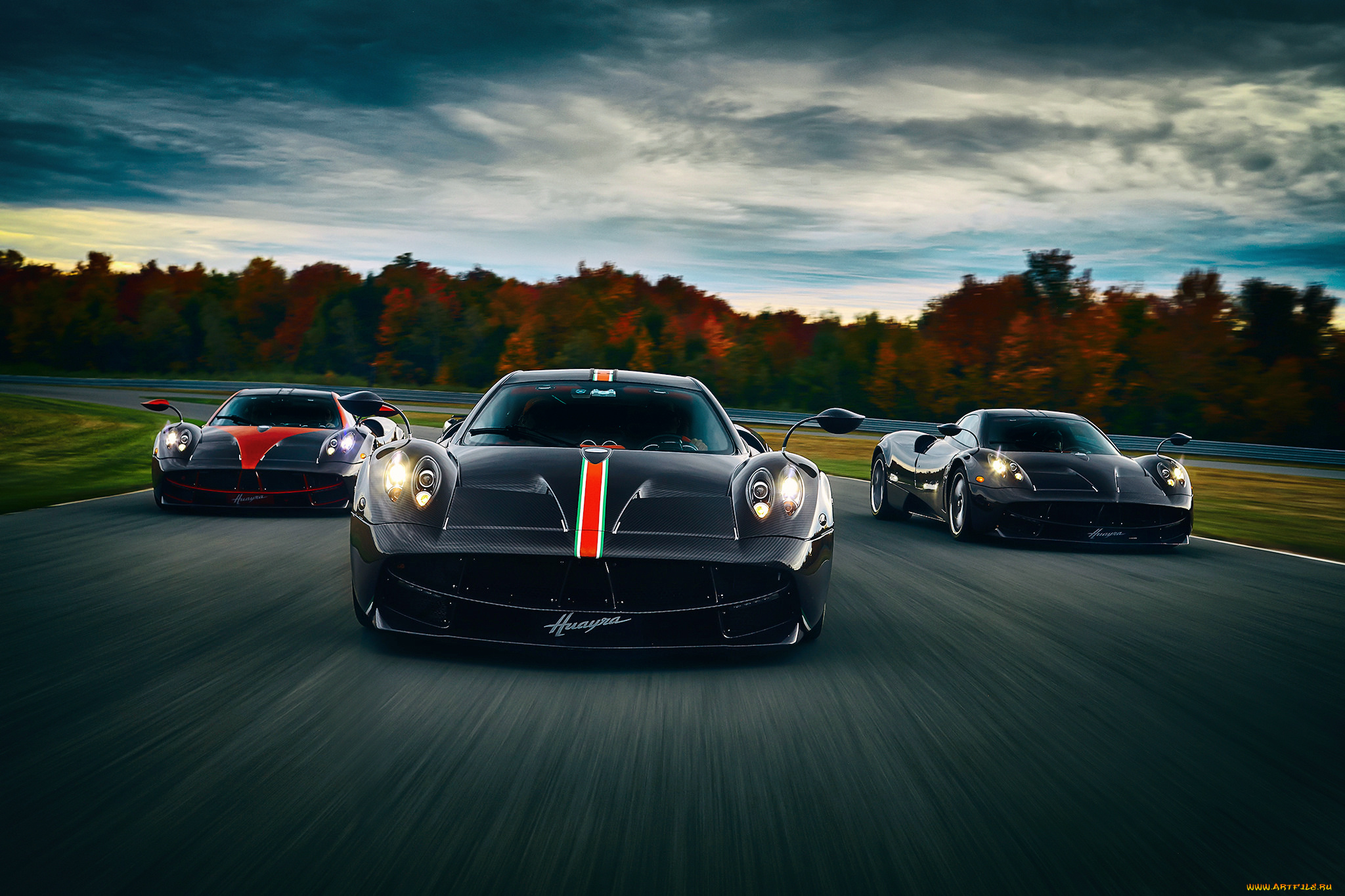 автомобили, pagani, осень, скорость, дорога, три, huayra