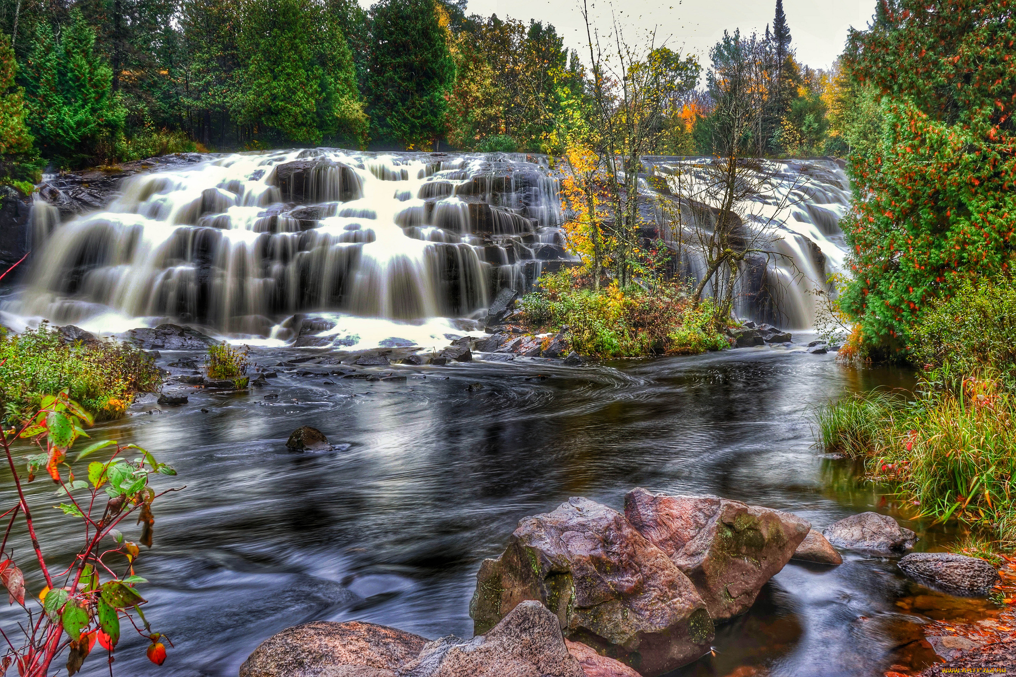 природа, водопады, водопад, река, лес