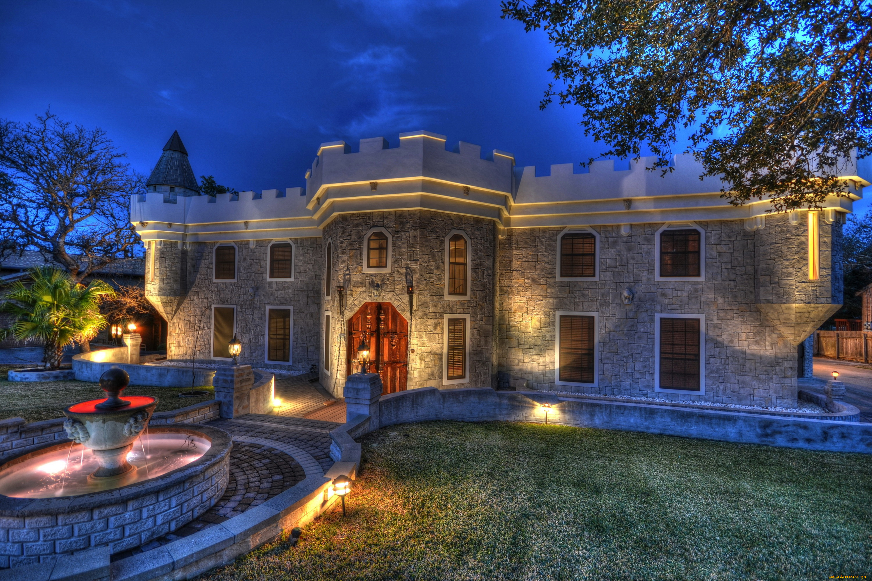 города, -, здания, , дома, огни, ночь, фонтан, особняк, дом, ландшафт