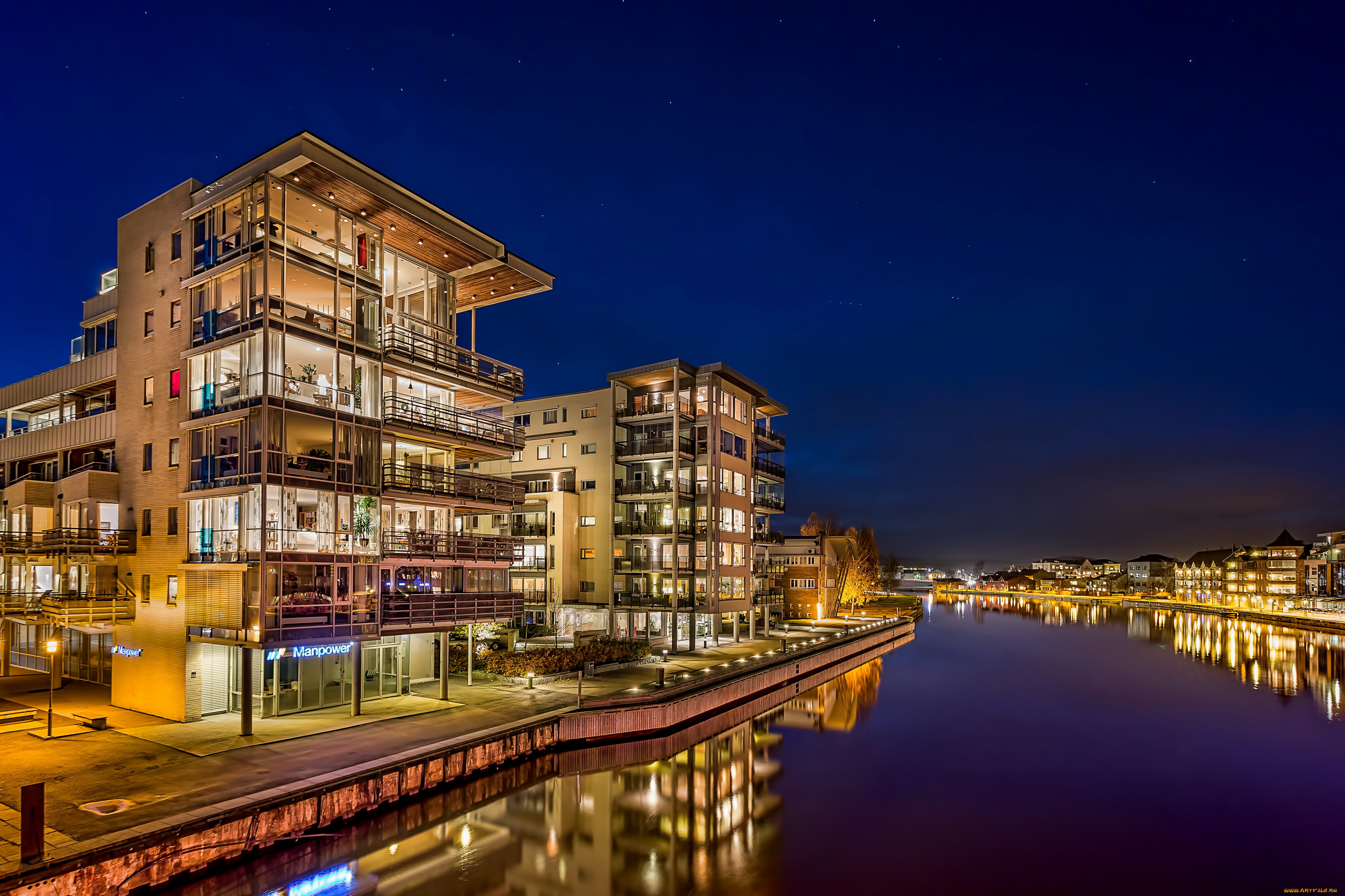 фредрикстад, норвегия, города, -, огни, ночного, города, дома, норвегия, fredrikstad, огни, ночь, река