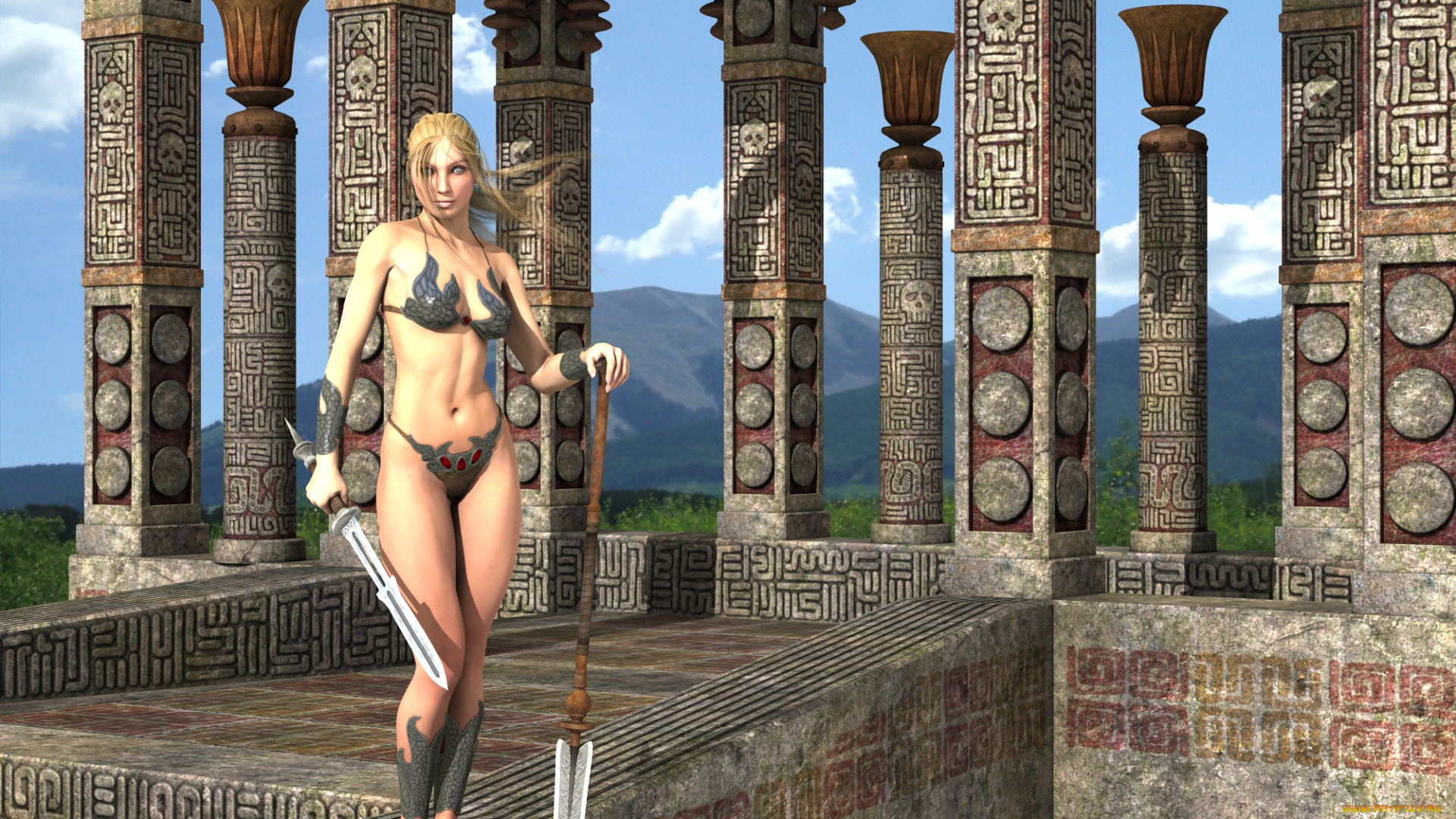 3д, графика, амазонки, , amazon, девушка, оружие, фон, взгляд