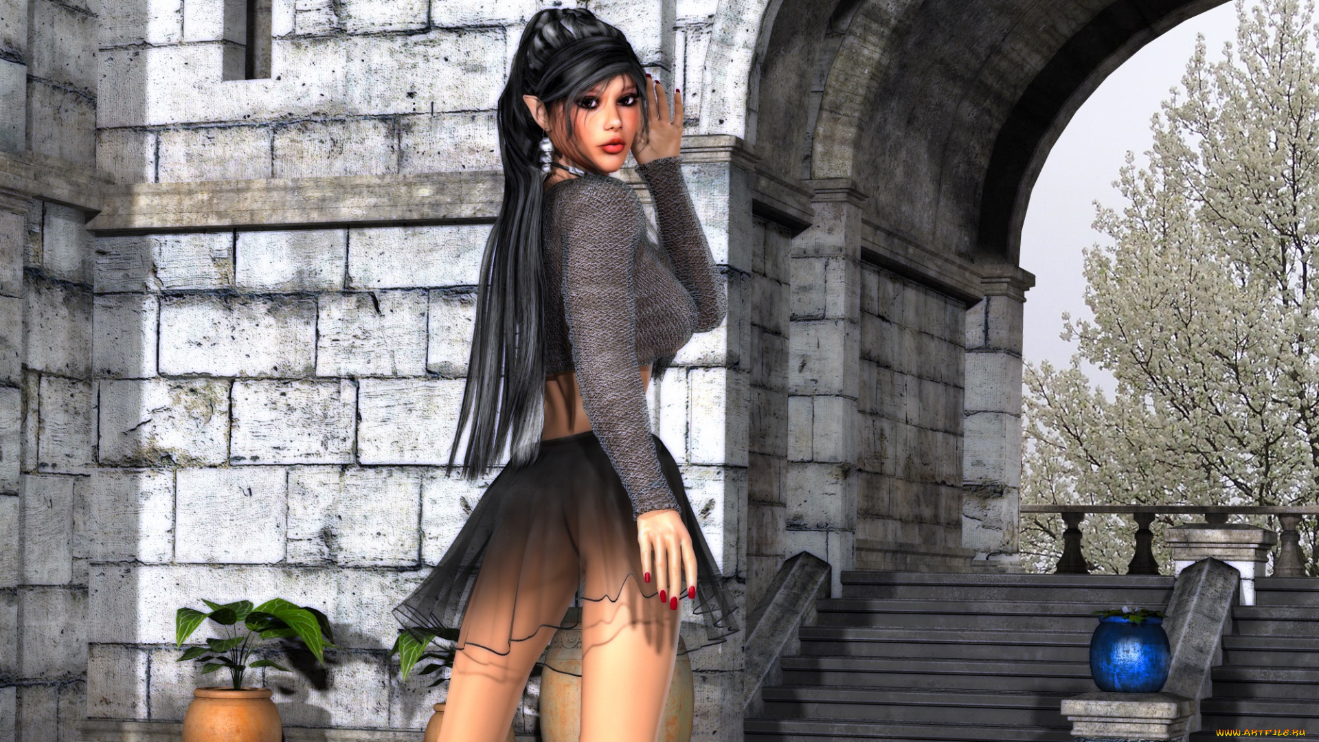 3д, графика, эльфы, , elves, фон, взгляд, эльфийка