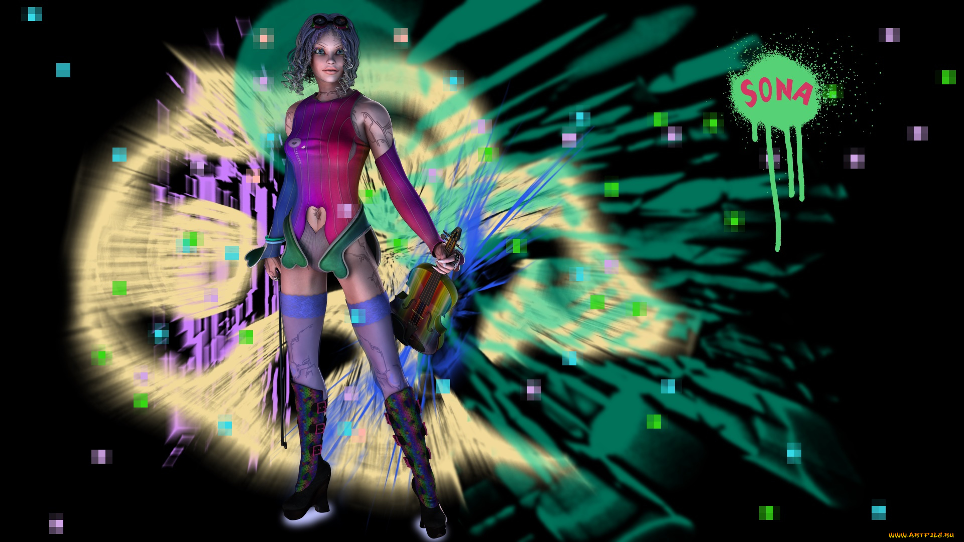 3д, графика, люди, , people, брызги, скрипка, фон, взгляд, девушка