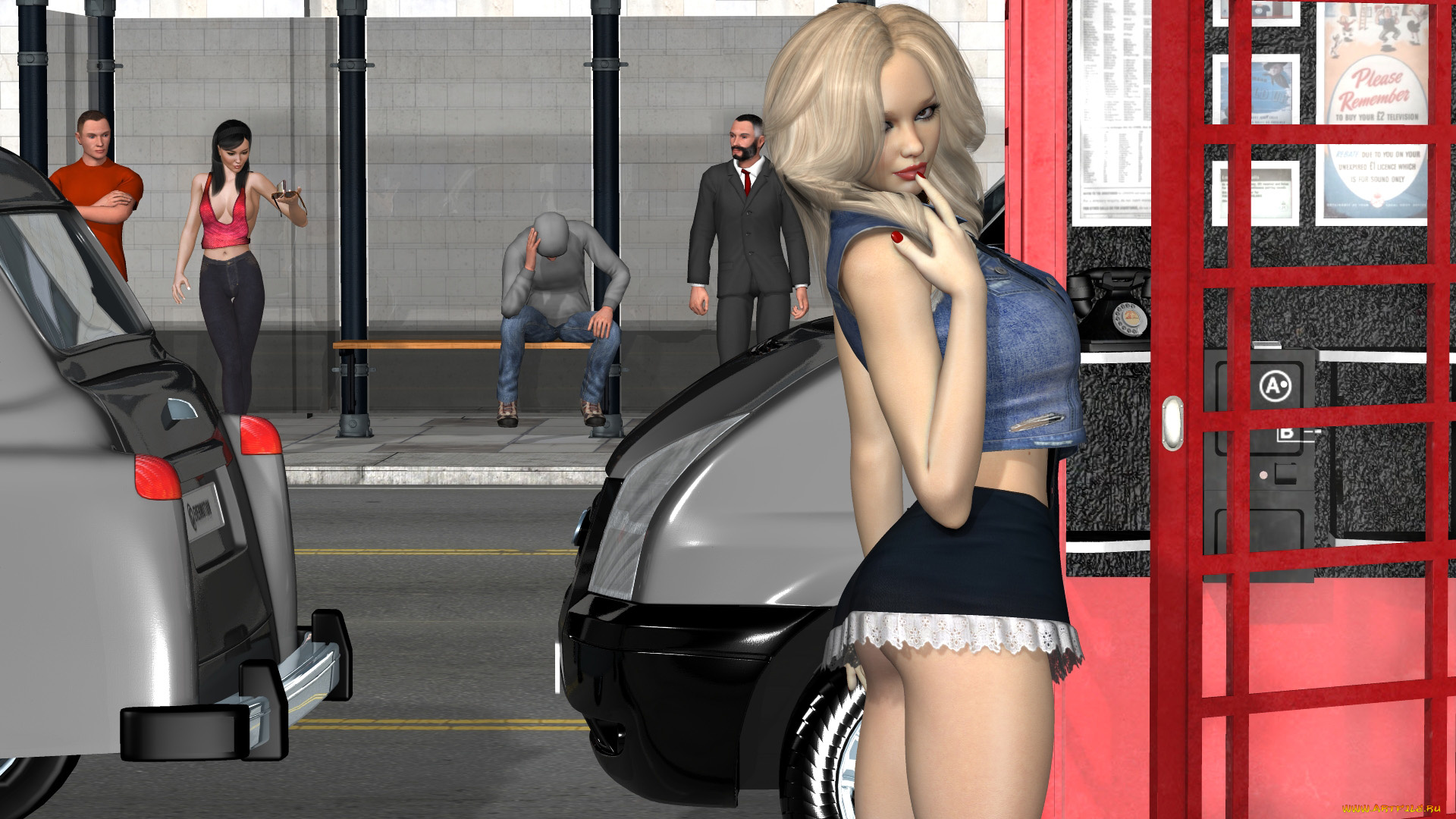 3д, графика, люди, , people, девушка, взгляд, блондинка, улица, фон