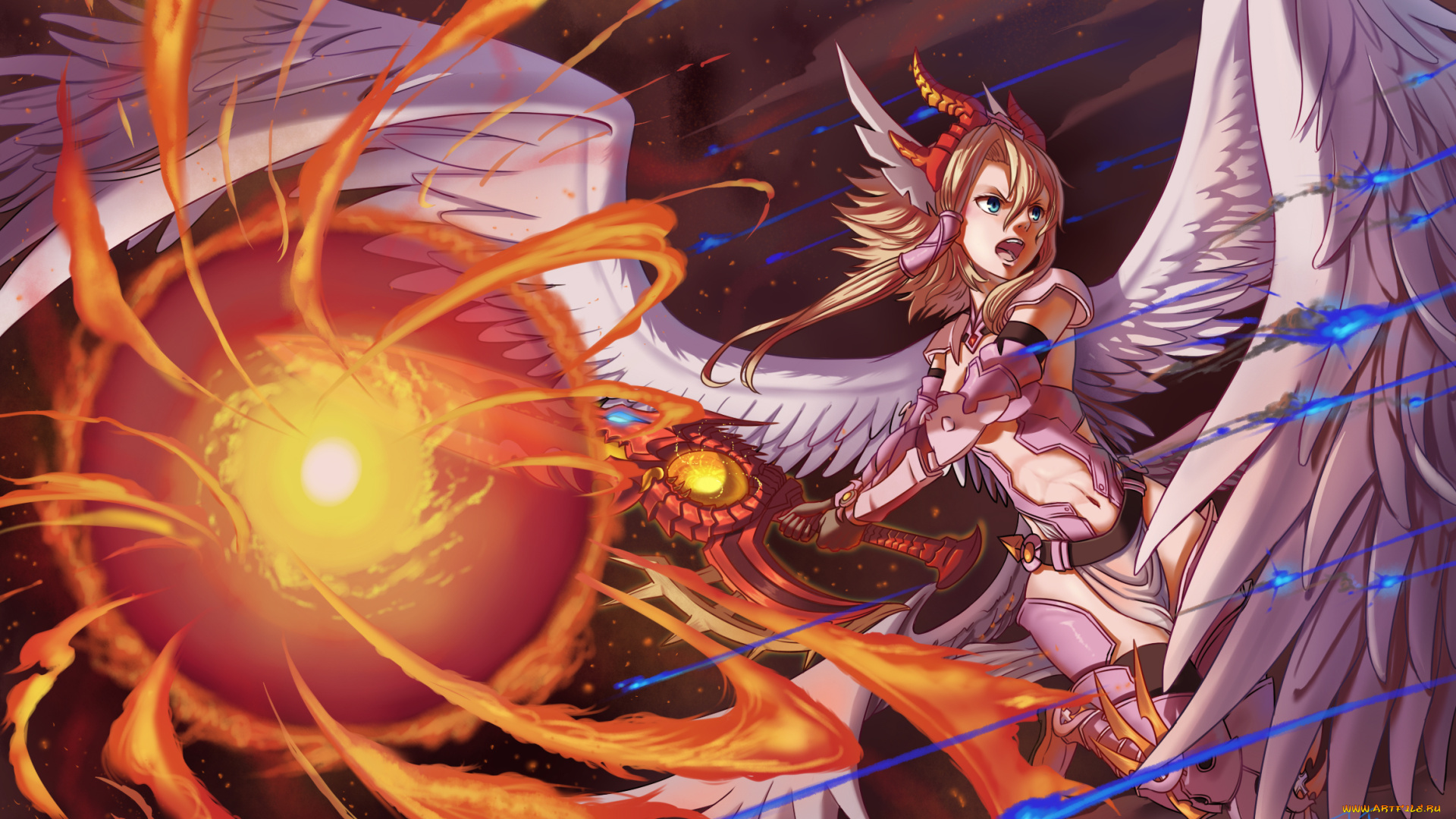 аниме, ангелы, , демоны, minerva, девушка, арт, ho-oh, artist, огненный, шар, ангел, меч