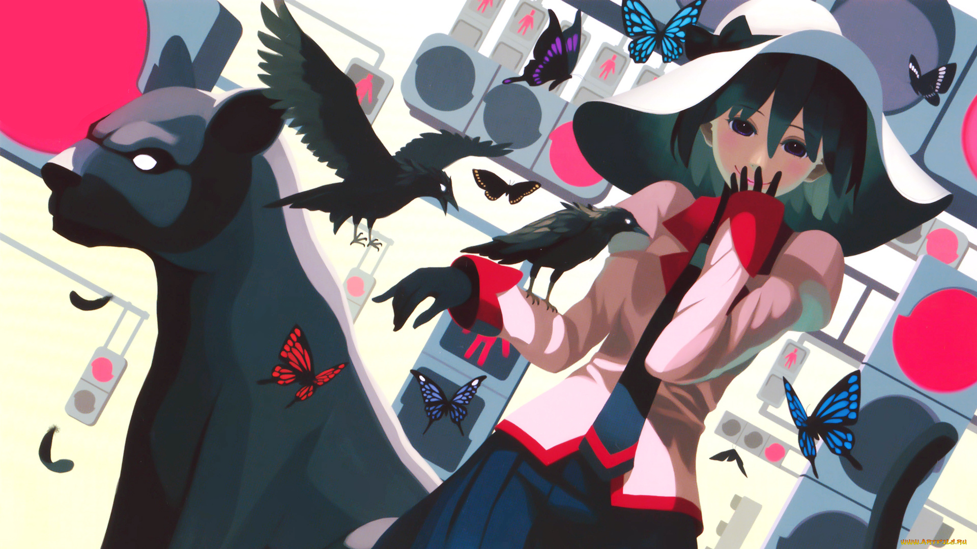 аниме, bakemonogatari, шляпа, вороны, птицы, девушка, бабочки, пантера, арт, oshino, ougi