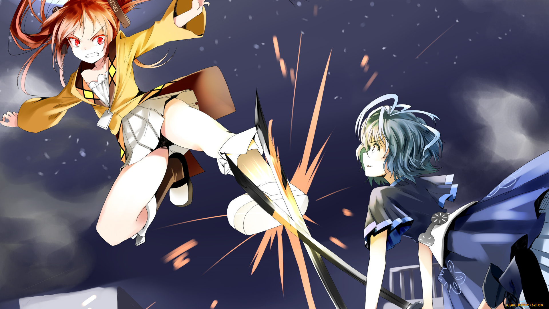 аниме, black, bullet, ночь, бой, kohina, hiruko, арт, мечи, проклятые, дети, девочки, aihara, enju, луна, black, bullet