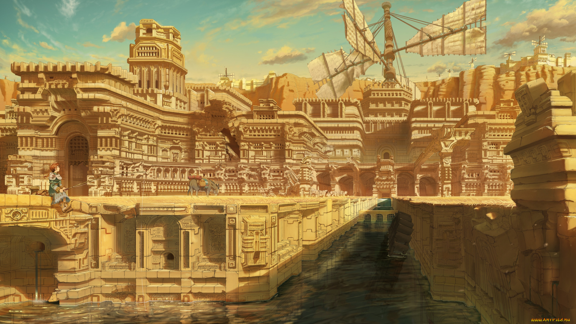 аниме, город, , улицы, , здания, осёл, руины, удочка, девочка, арт, inoki, канал, рыбалка