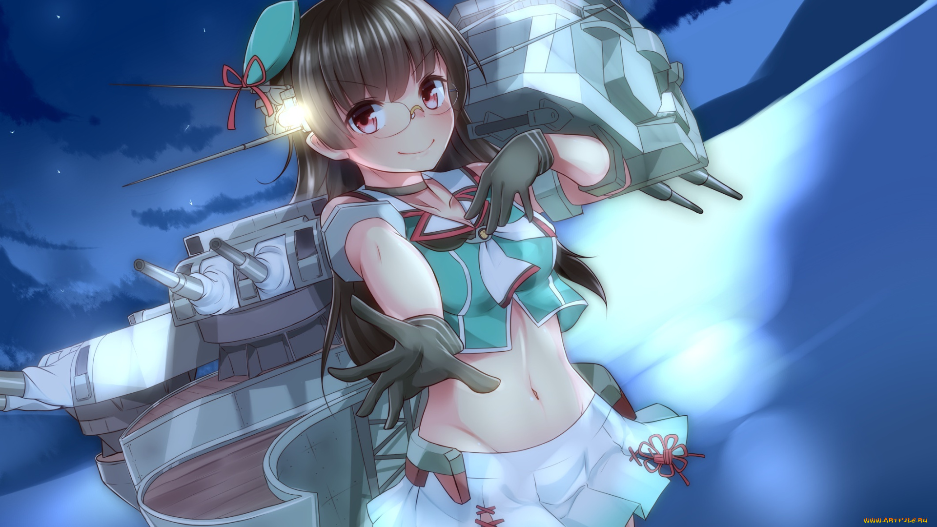 аниме, kantai, collection, очки, nebusoku, улыбка, choukai, девочка, kantai, collection, арт, kancolle, ночь, оружие