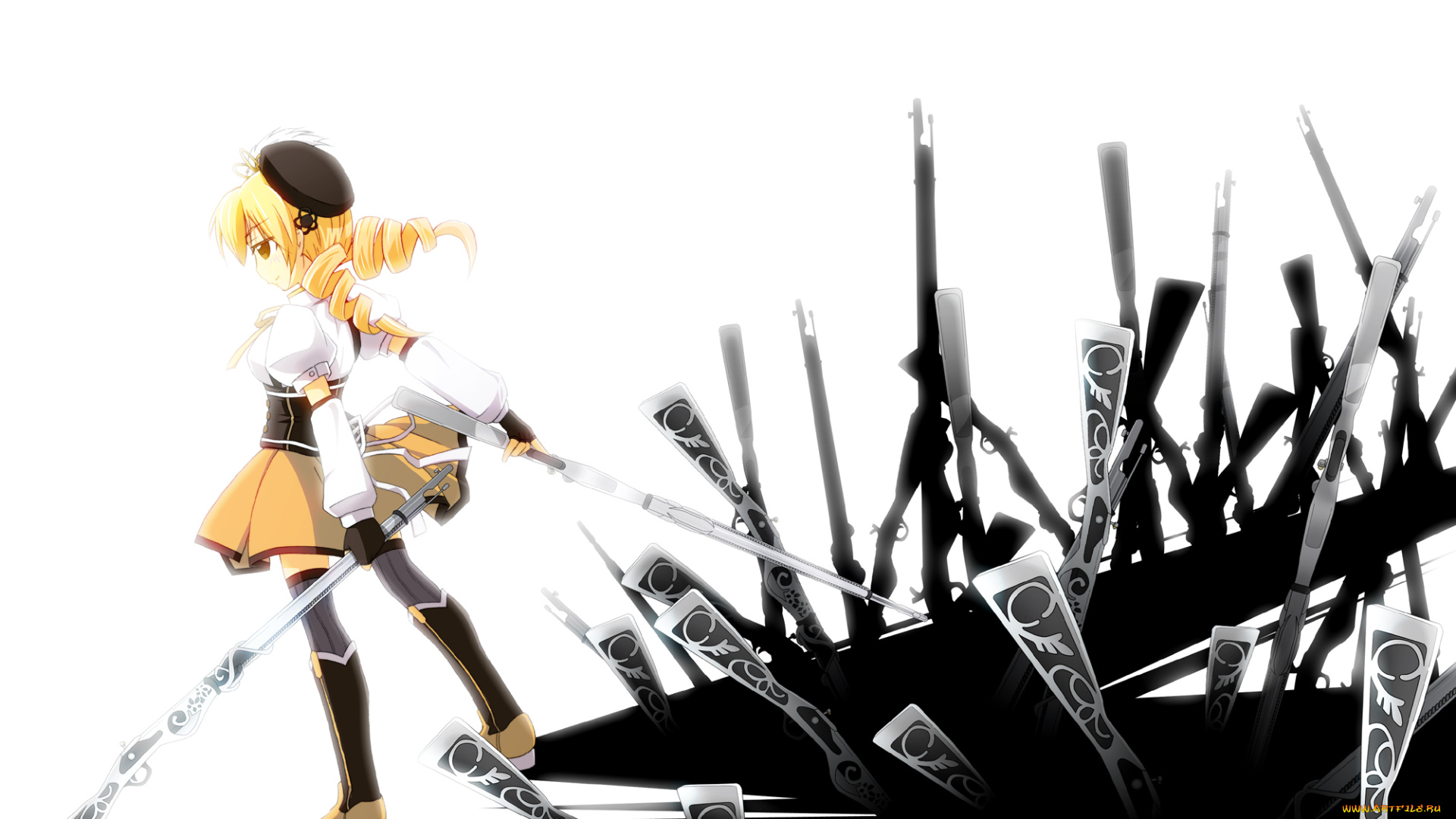 аниме, mahou, shoujo, madoka, magika, девушка, оружие, арт, tomoe, mami, свет, konoe, yuba, тень, mahou, shoujo, madoka, magica