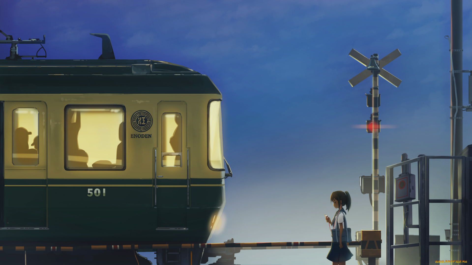 аниме, музыка, арт, поезд, телефон, мобильный, наушники, вечер, девочка