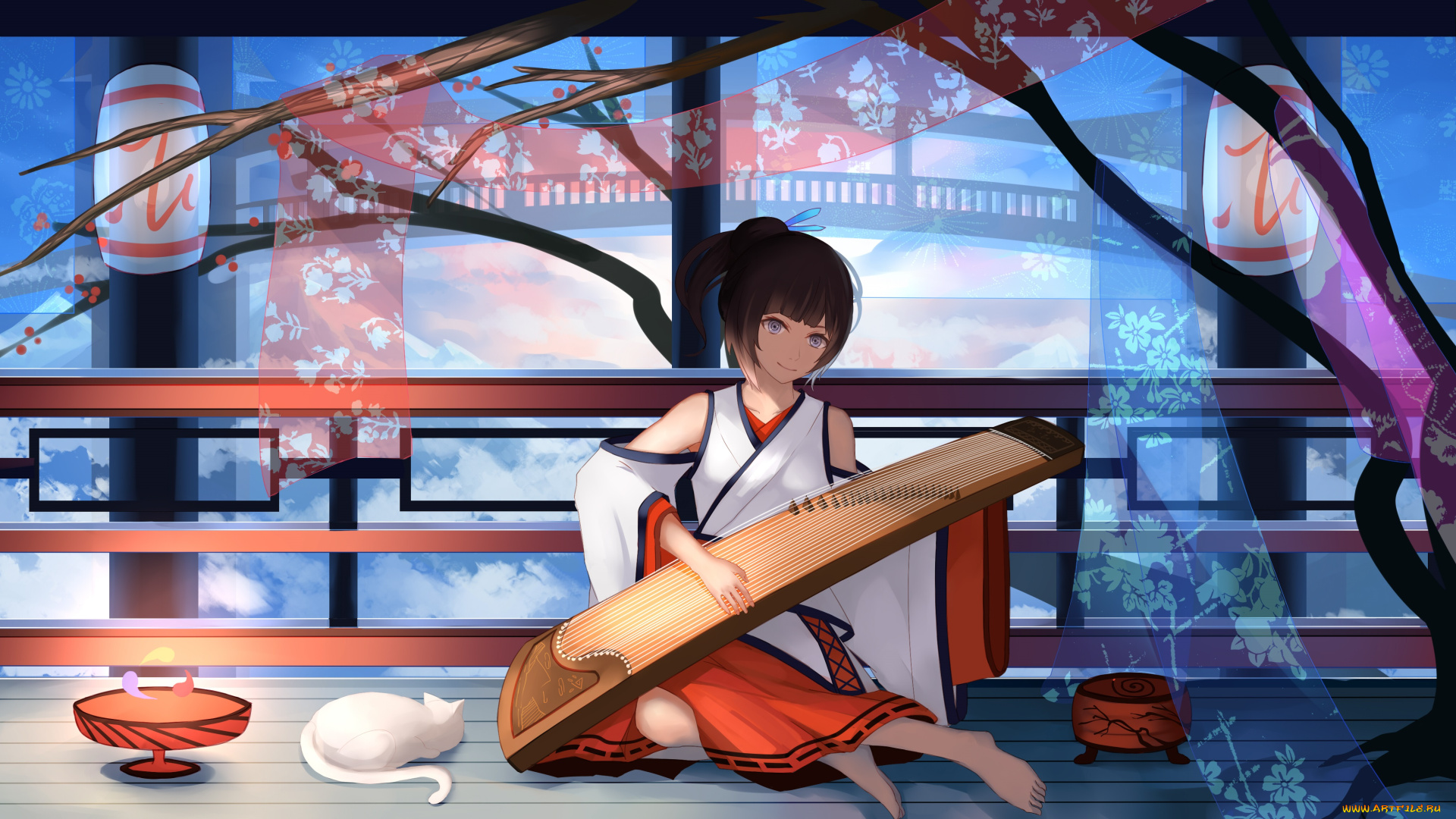 аниме, музыка, музыкальный, инструмент, девушка, арт, кошка