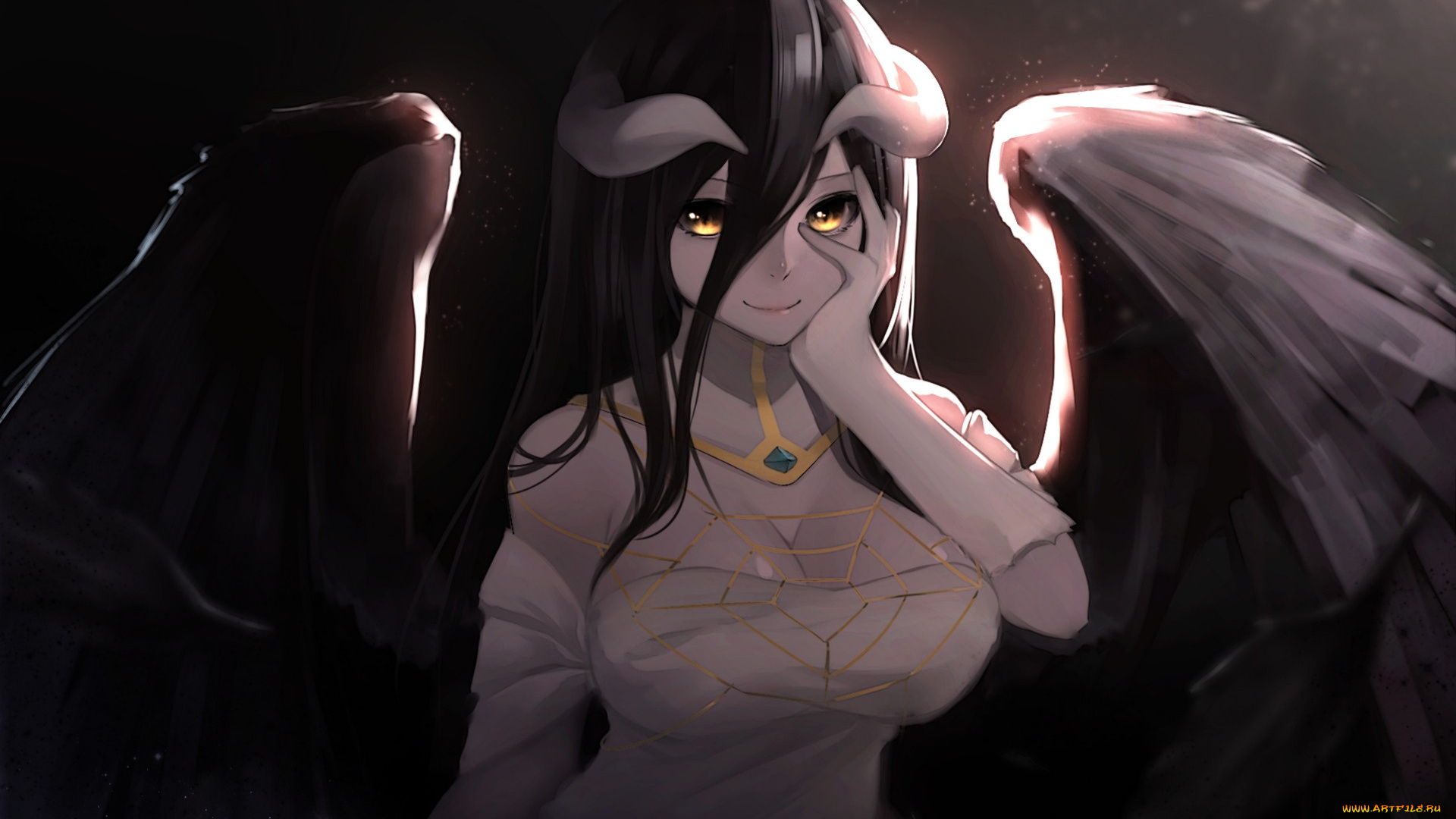 аниме, overlord, рога, девушка, albedo, ariinine, арт, крылья, улыбка, паутина