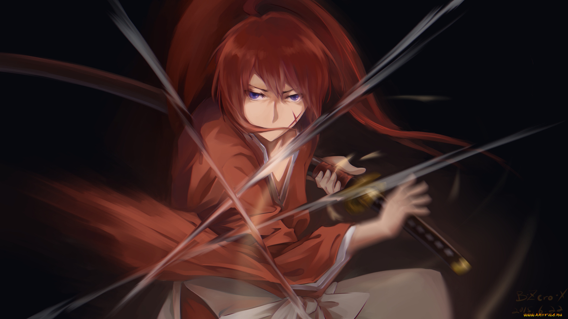 аниме, rurouni, kenshin, rurouni, kenshin, art, парень, оружие, меч, bzerox, himura