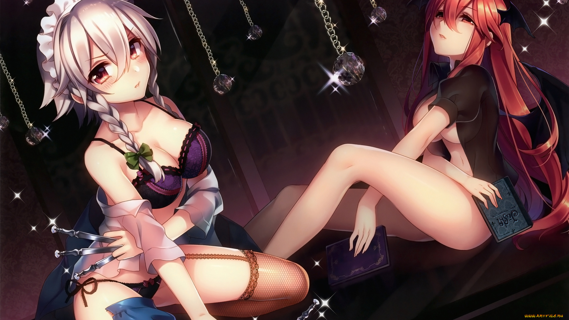 аниме, touhou, ножи, masaru-jp, koakuma, оружие, izayoi, sakuya, девушки, арт