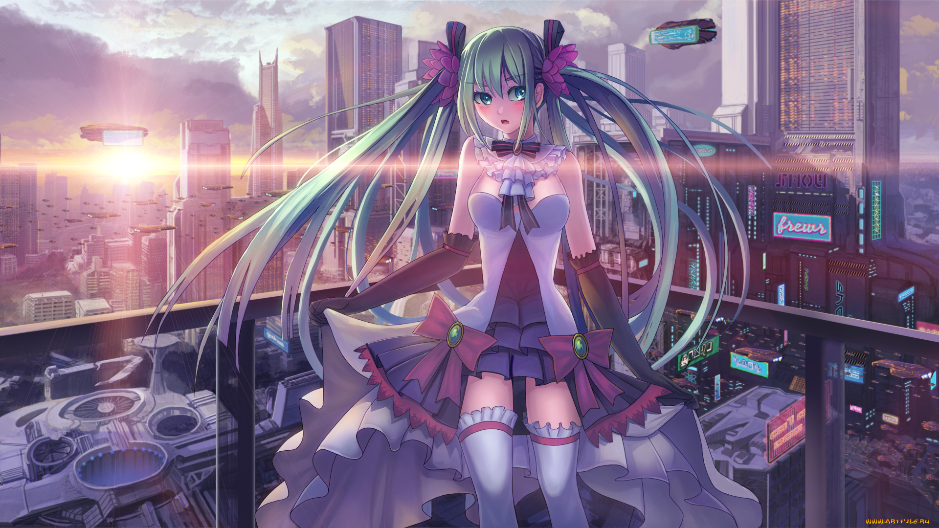 аниме, vocaloid, hatsune, miku, город, девушка, арт