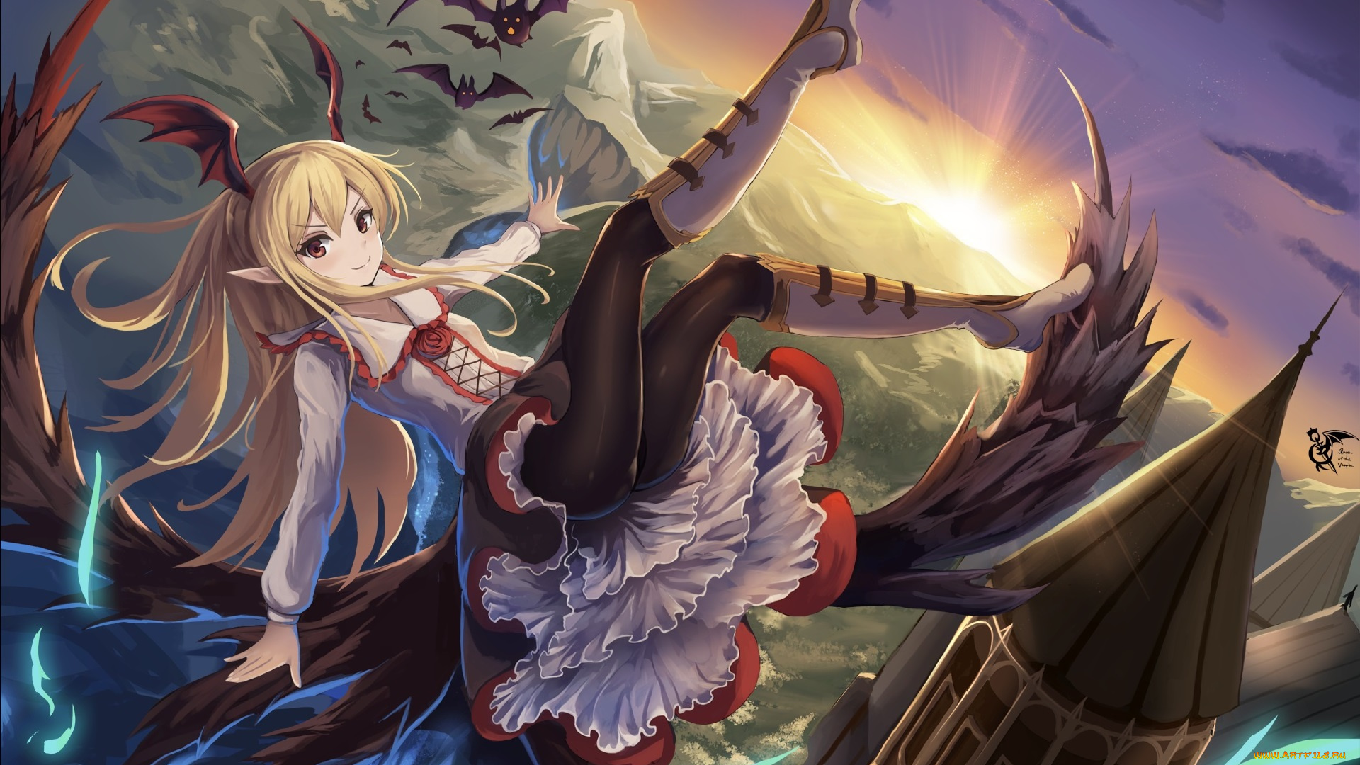 аниме, животные, , существа, летучие, мыши, пейзаж, eruthika, vampy, granblue, fantasy, девушка, арт