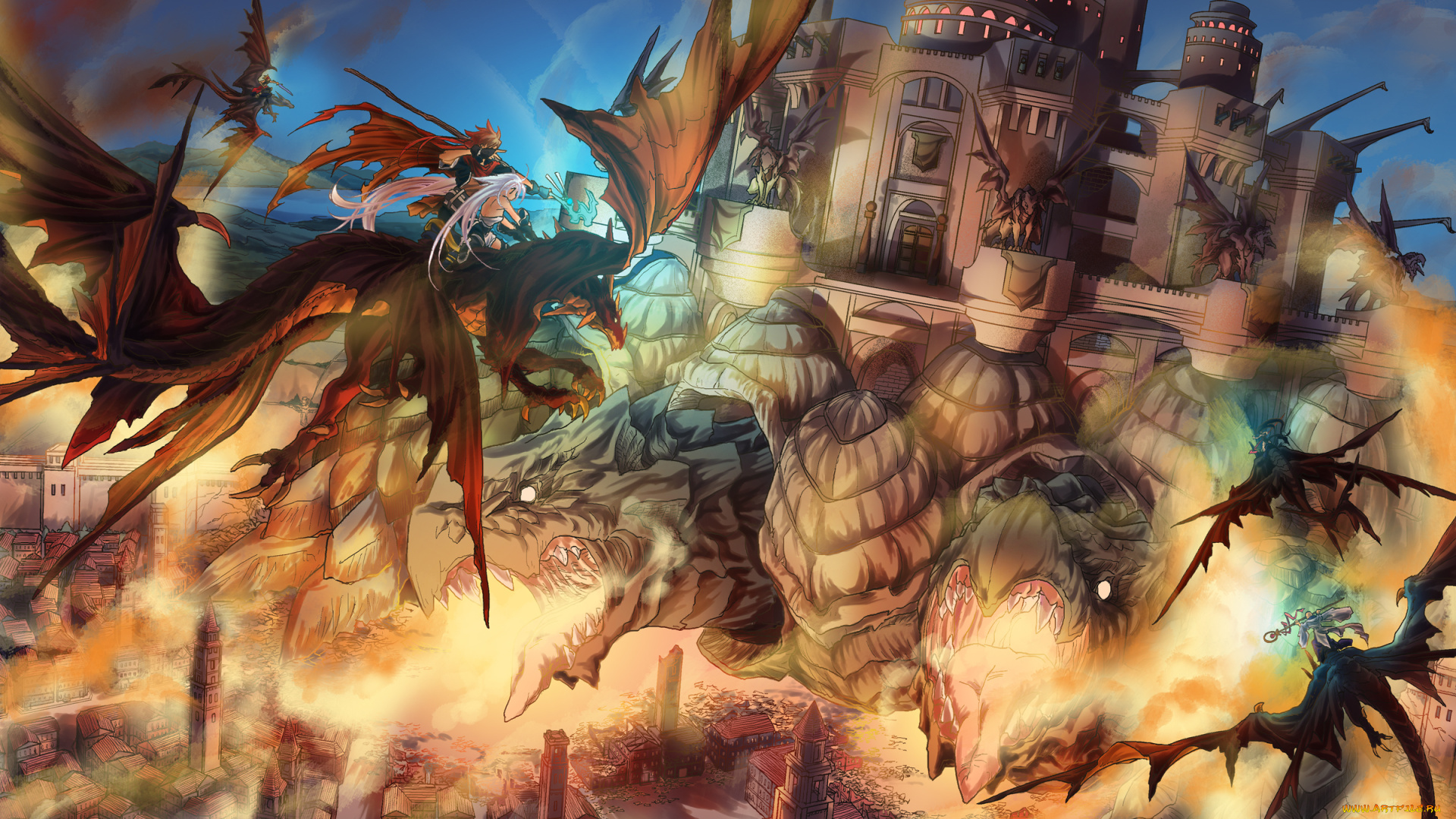 аниме, животные, , существа, магия, дома, город, черепахи, драконы, парни, девушки, nicovideo14185763, посох, naka, арт