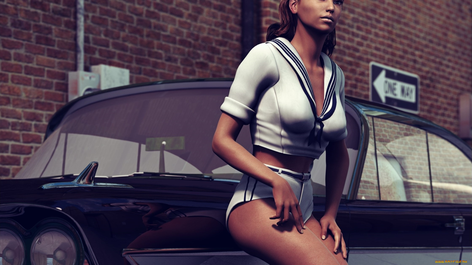 автомобили, 3d, car&girl, девушка, взгляд, фон, автомобиль