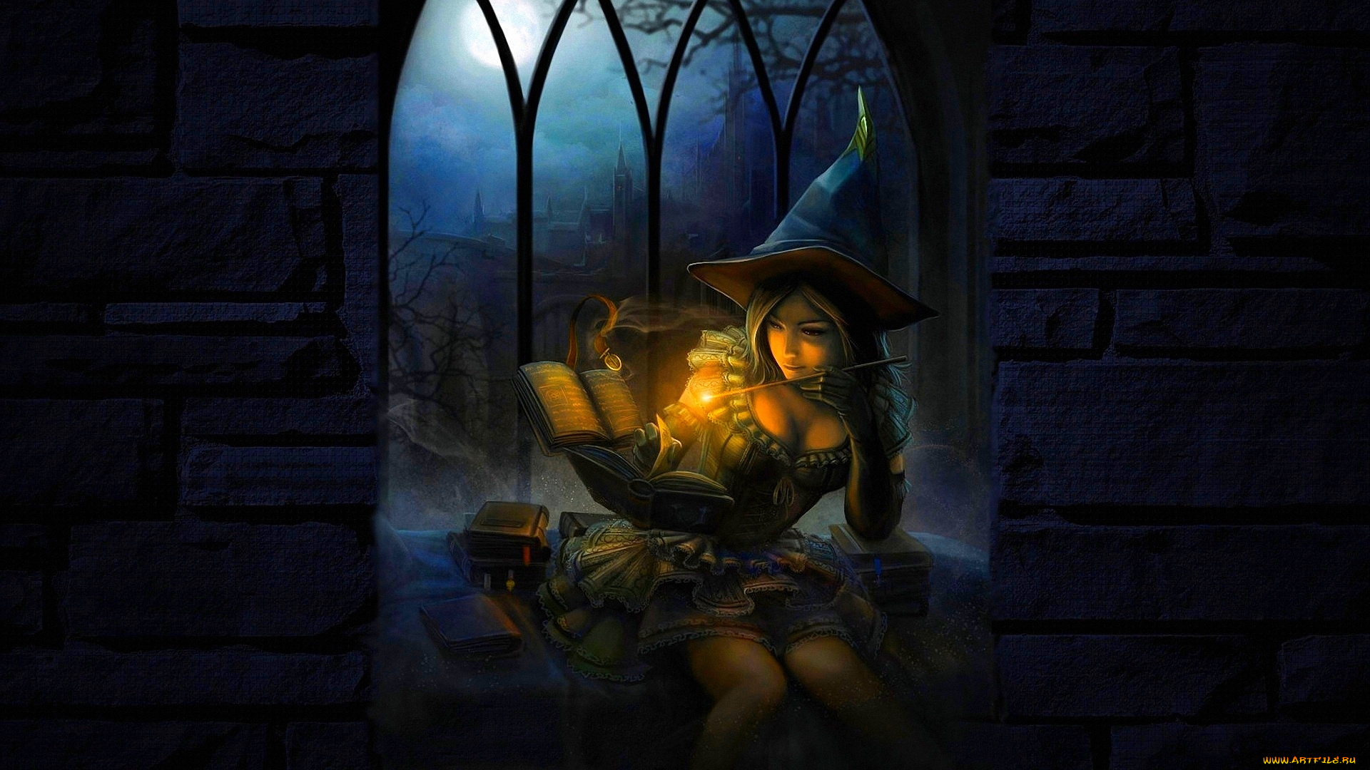 фэнтези, маги, , волшебники, маг, девушка, магия, ночь, книги