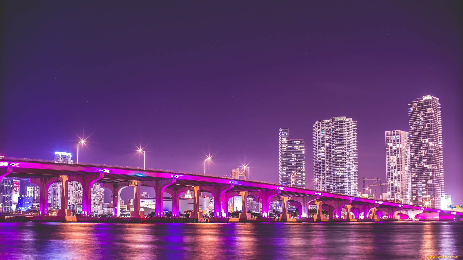 города, майами, , сша, флорида, майами, ночь, vice, city, мост, подсветка