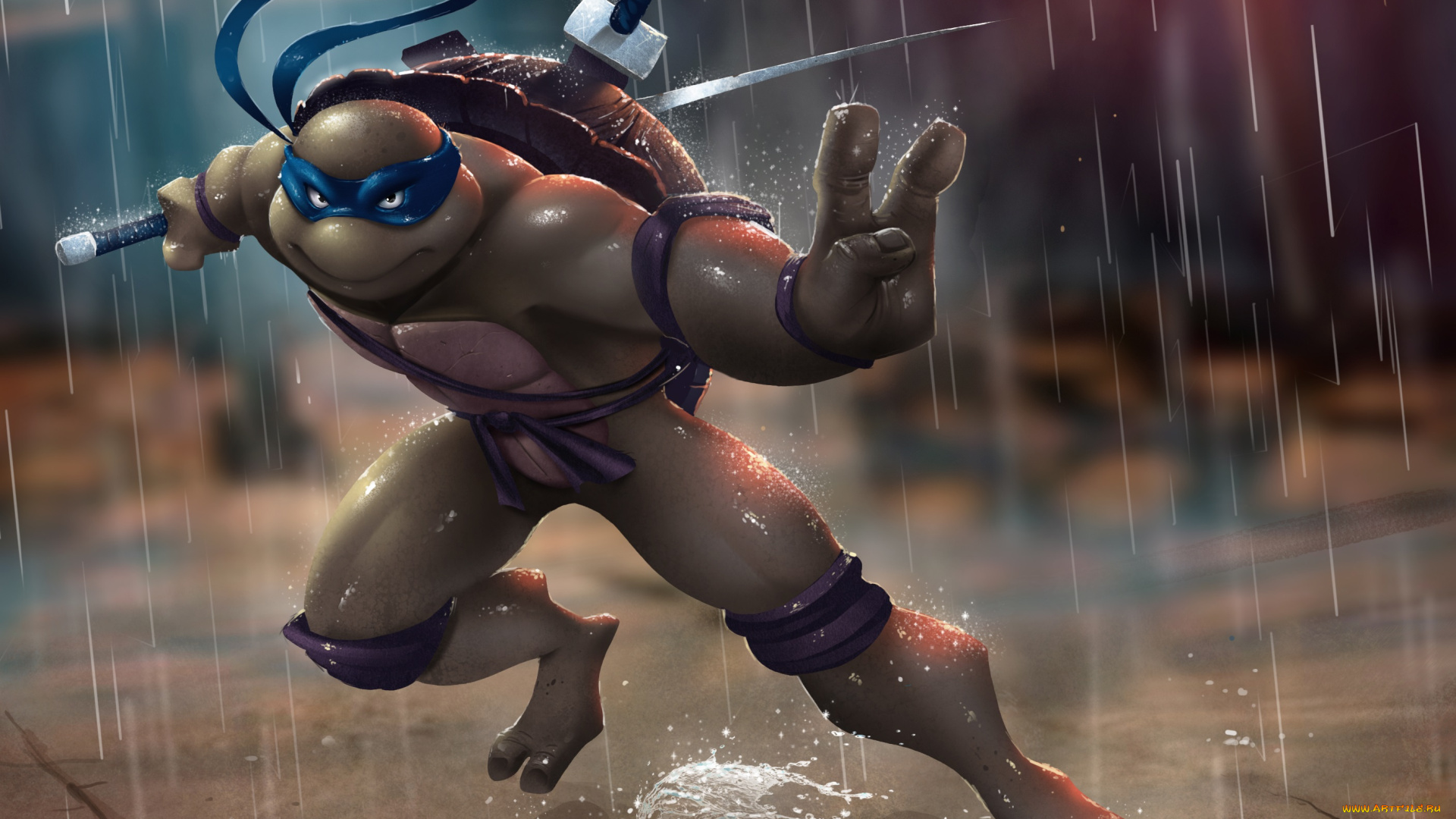 рисованное, кино, leo, tmnt, teenage, mutant, ninja, turtles, leonardo, дождь, меч, мутант, ниндзя, черепаха
