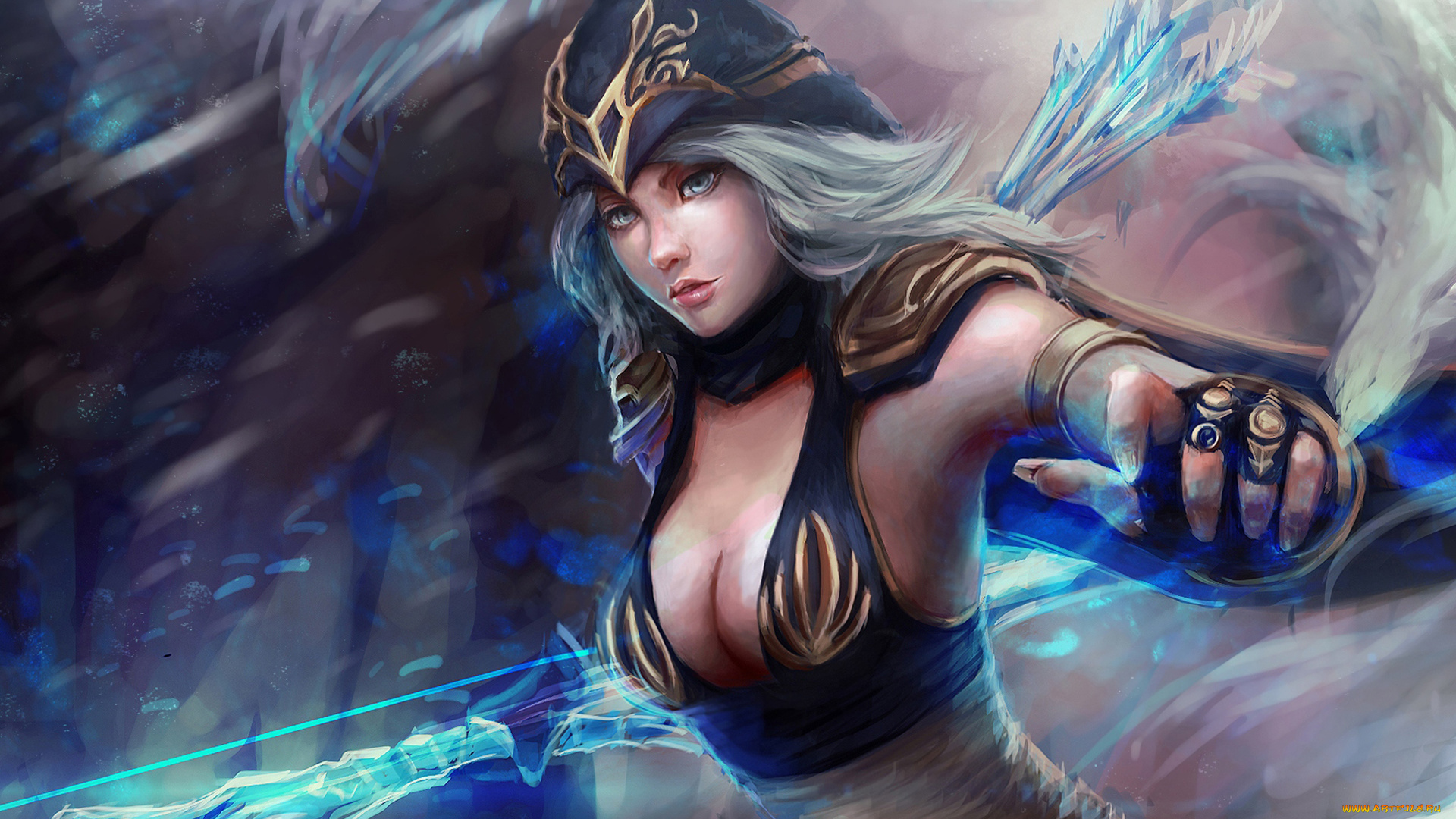 видео, игры, league, of, legends, ashe, девушка, грудь, frost, archer, league, of, legends, лучница, взгляд