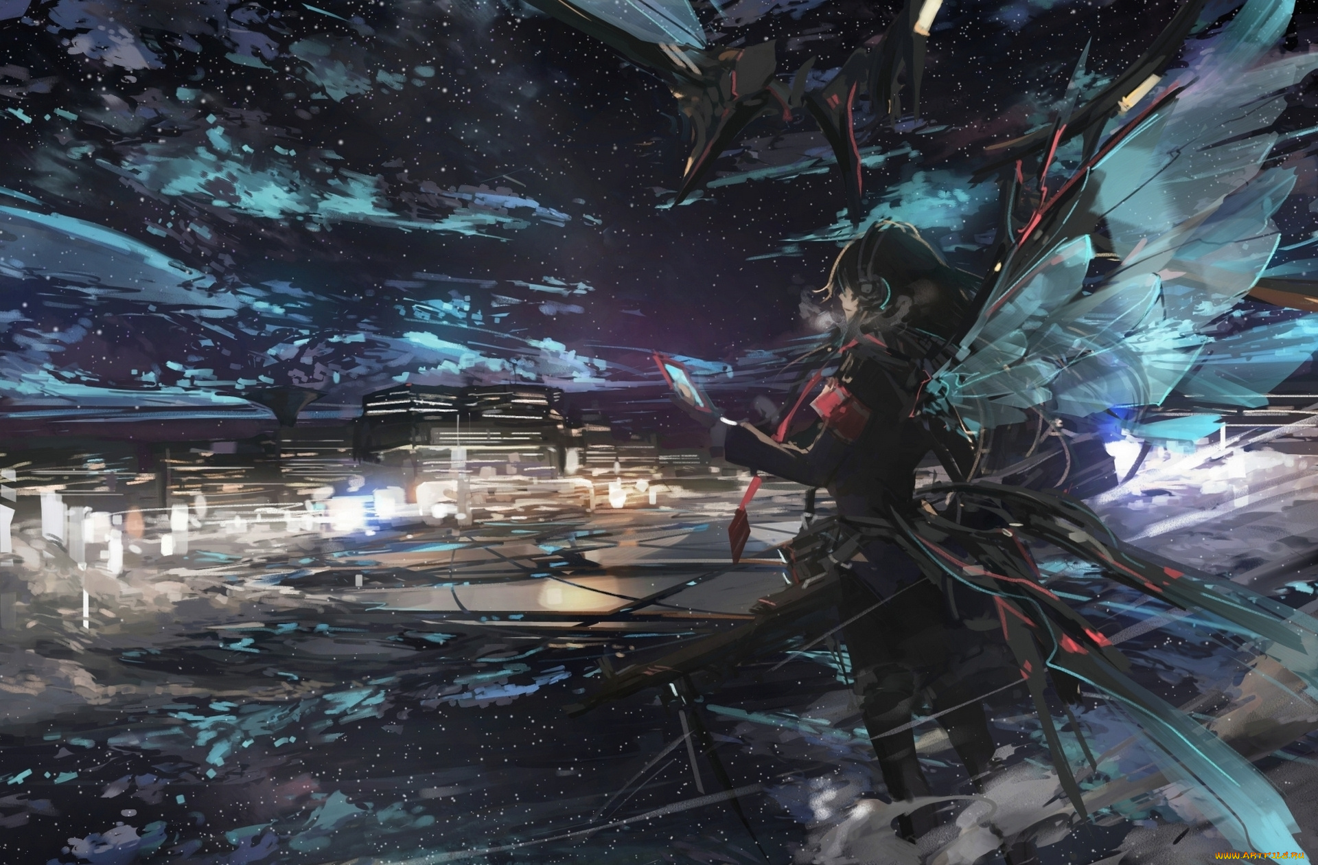 аниме, ангелы, , демоны, дома, звезды, облака, наушники, город, небо, ночь, stu, dts, арт, крылья, девушка