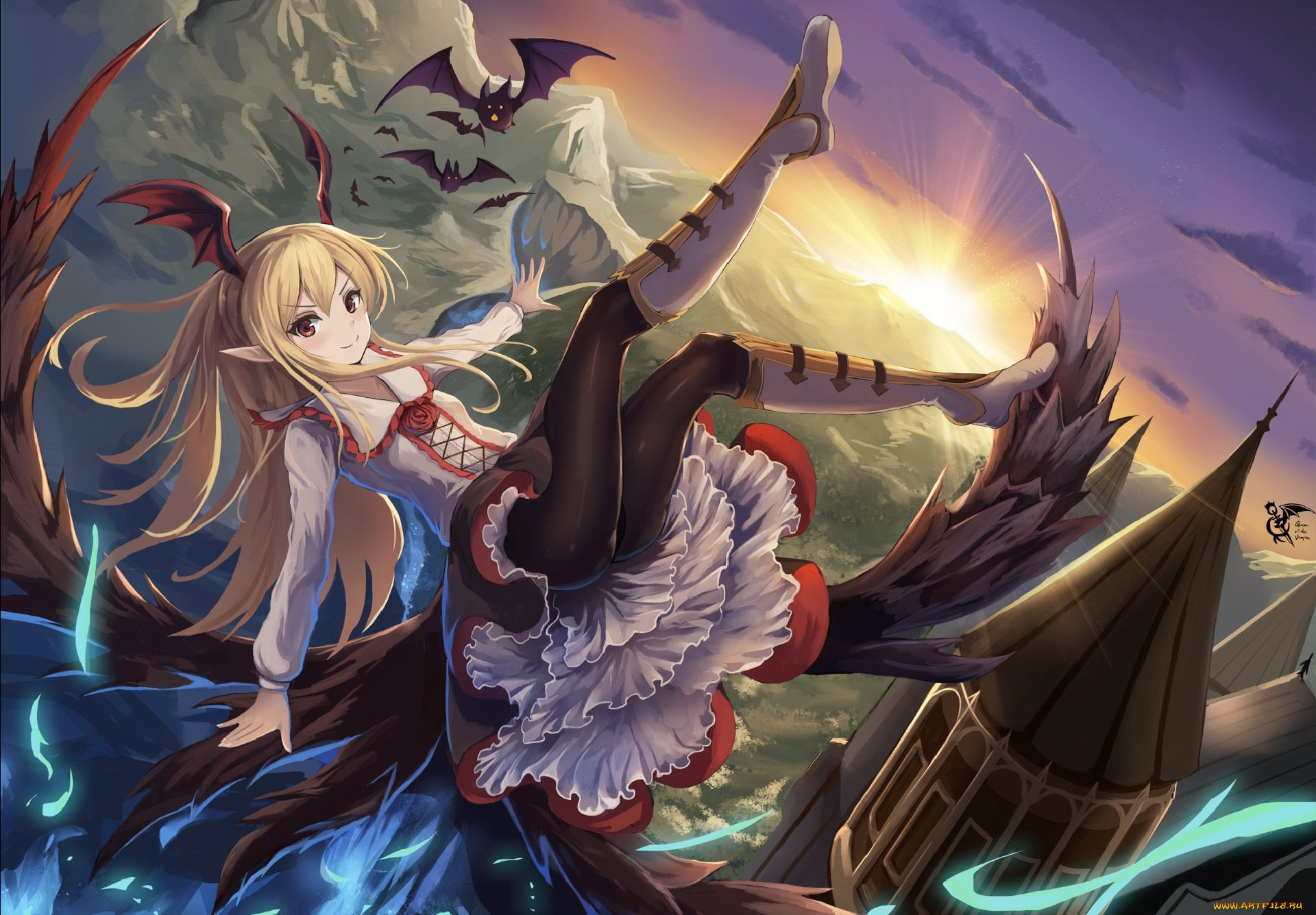 аниме, животные, , существа, летучие, мыши, пейзаж, eruthika, vampy, granblue, fantasy, девушка, арт