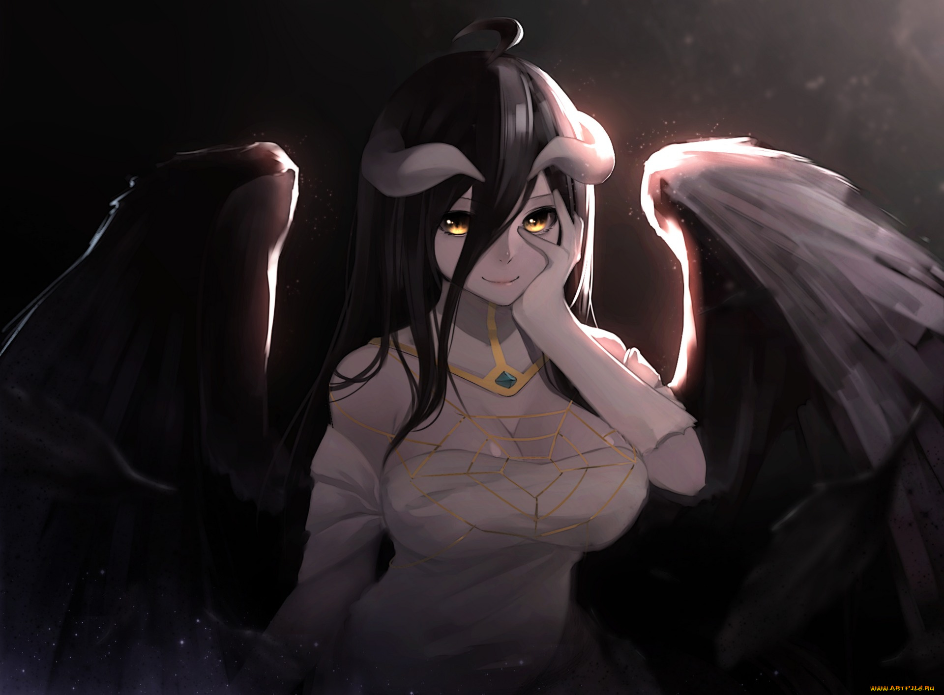 аниме, overlord, рога, девушка, albedo, ariinine, арт, крылья, улыбка, паутина
