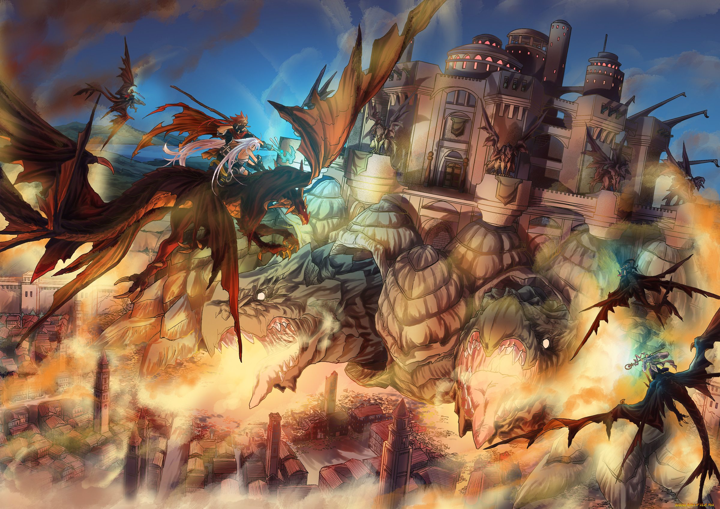 аниме, животные, , существа, магия, дома, город, черепахи, драконы, парни, девушки, nicovideo14185763, посох, naka, арт