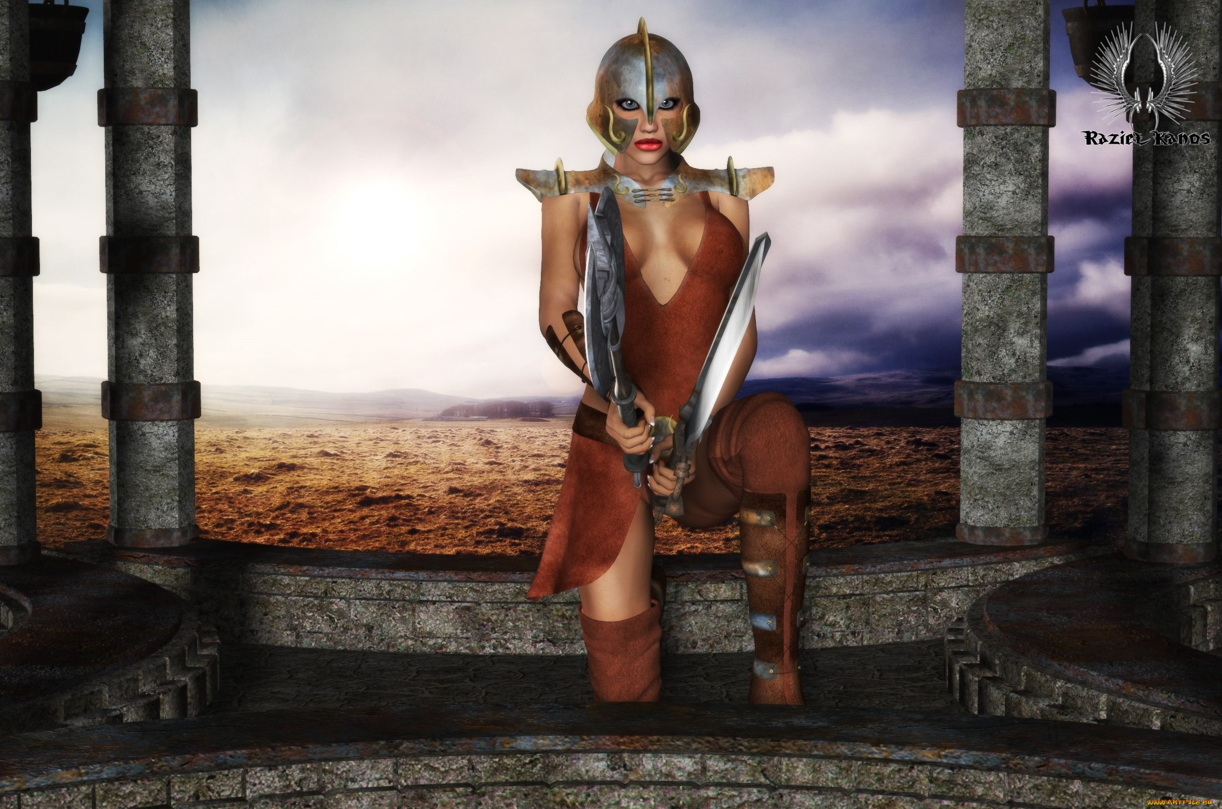 3д, графика, амазонки, , amazon, девушка, оружие, фон, взгляд