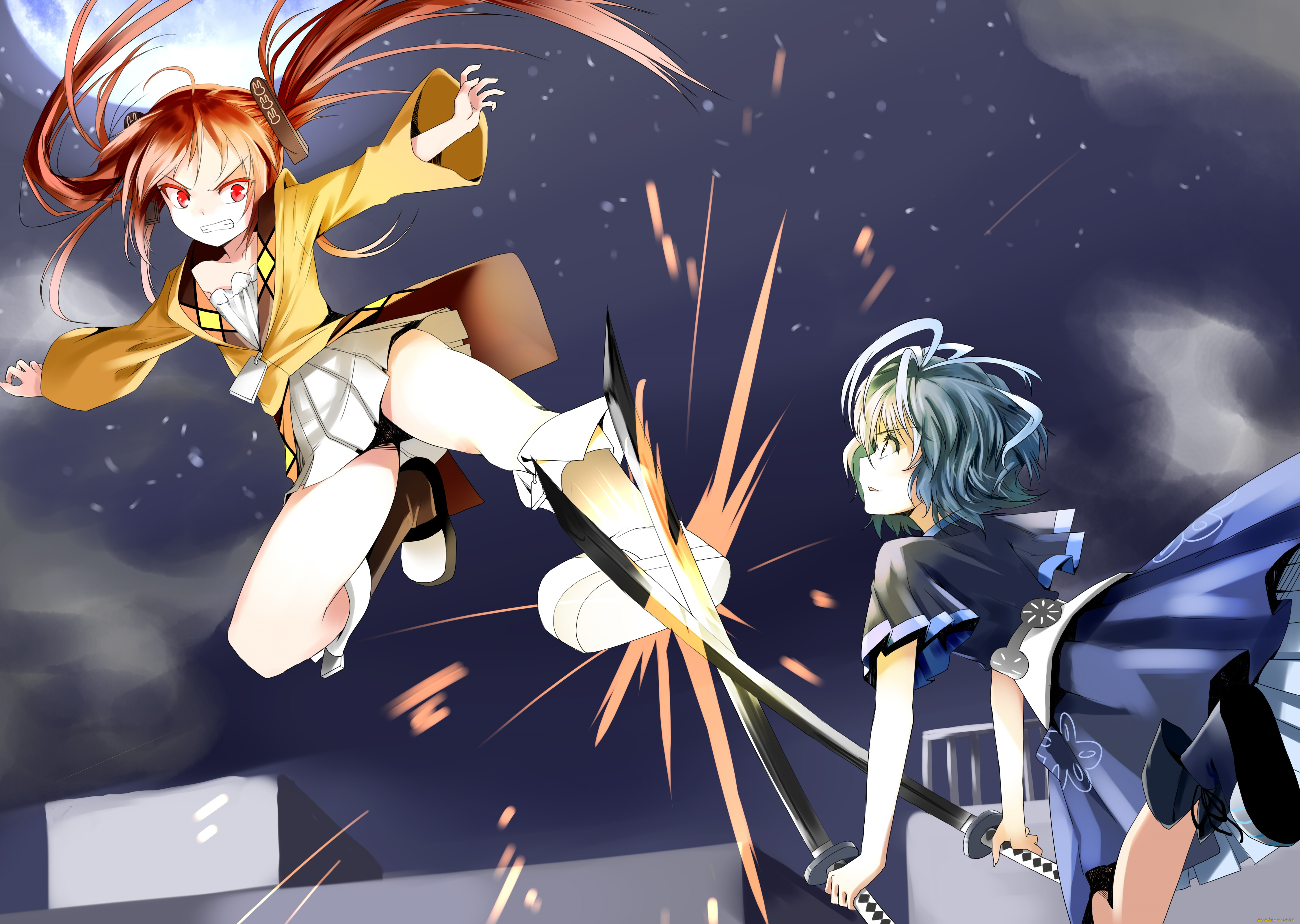 аниме, black, bullet, ночь, бой, kohina, hiruko, арт, мечи, проклятые, дети, девочки, aihara, enju, луна, black, bullet