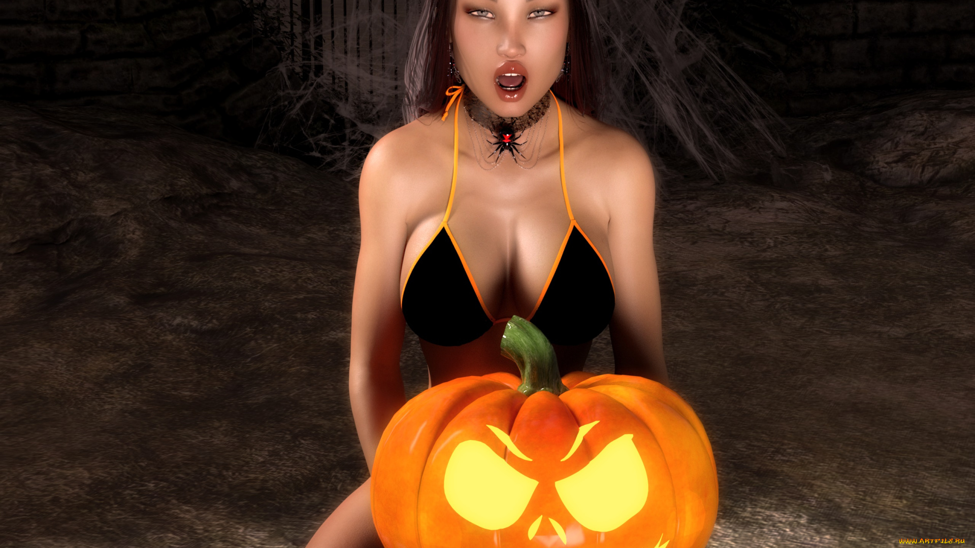 3д, графика, праздники, , holidays, девушка, взгляд, фон, тыква