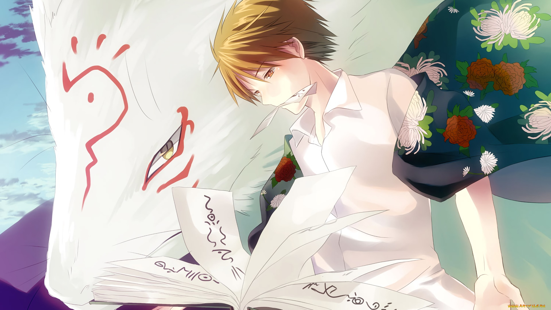 аниме, natsume, yuujinchou, парень, взгляд, фон