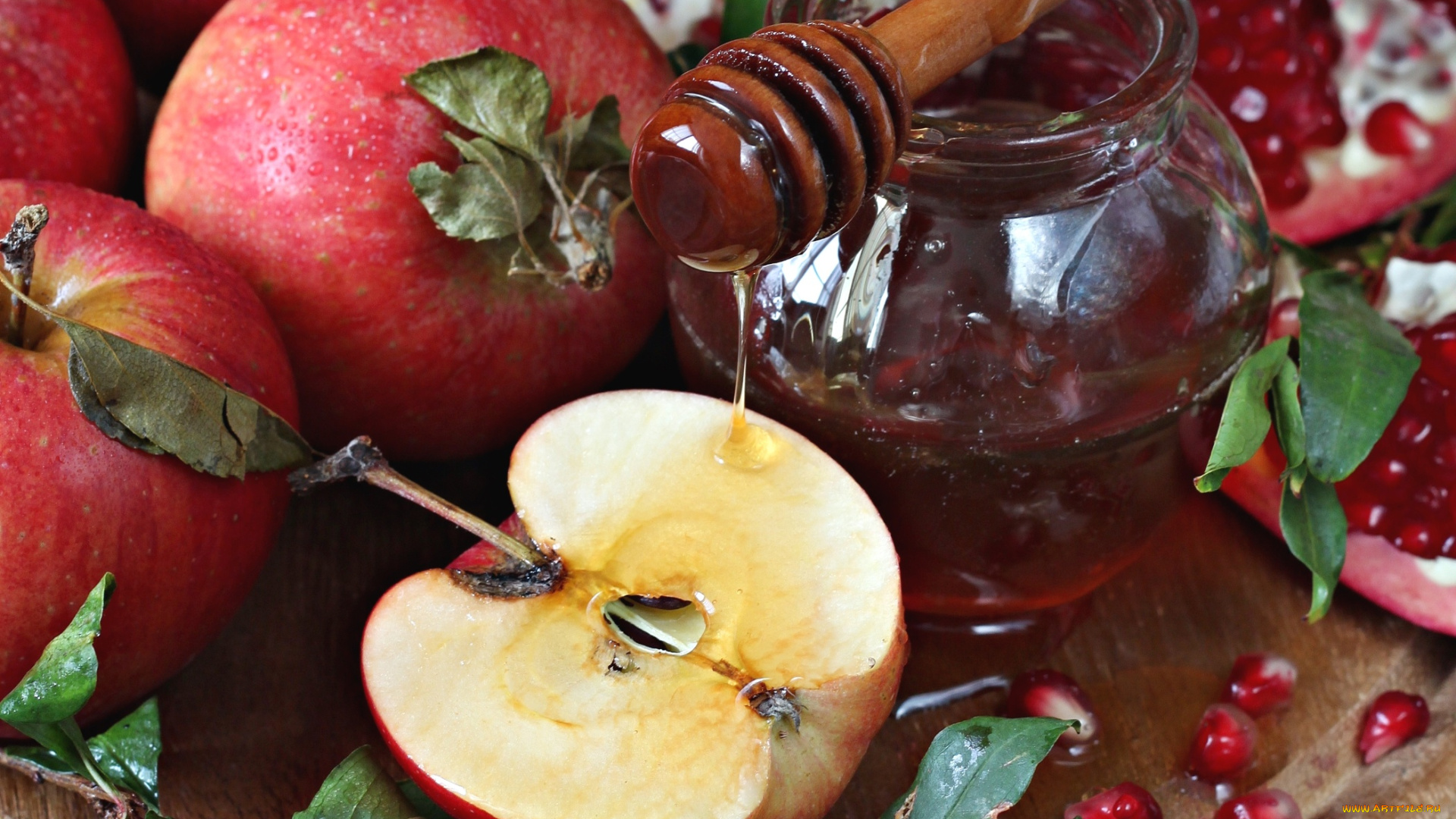 еда, Яблоки, гранат, мед, яблоки