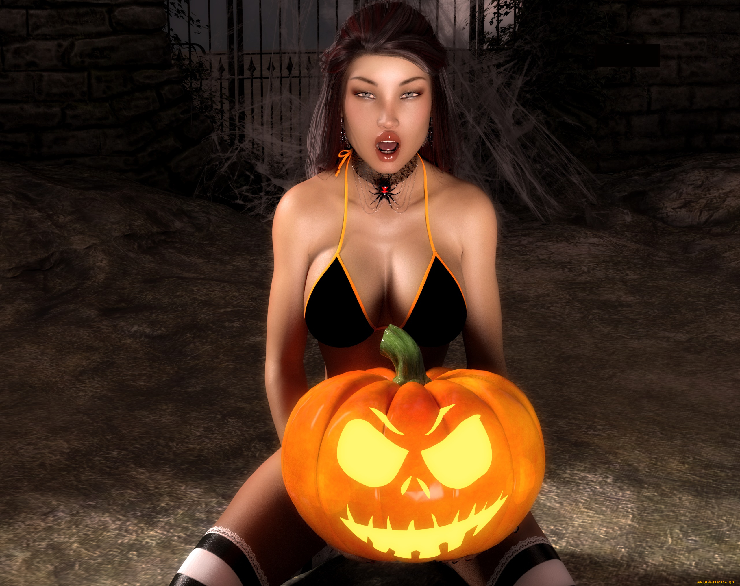 3д, графика, праздники, , holidays, девушка, взгляд, фон, тыква