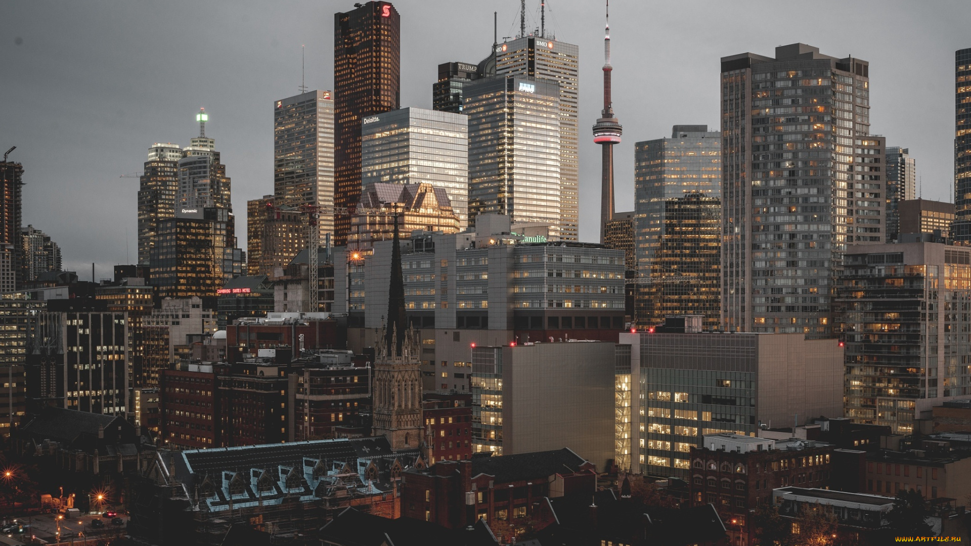 города, торонто, , канада, утро, огни, город, торонто
