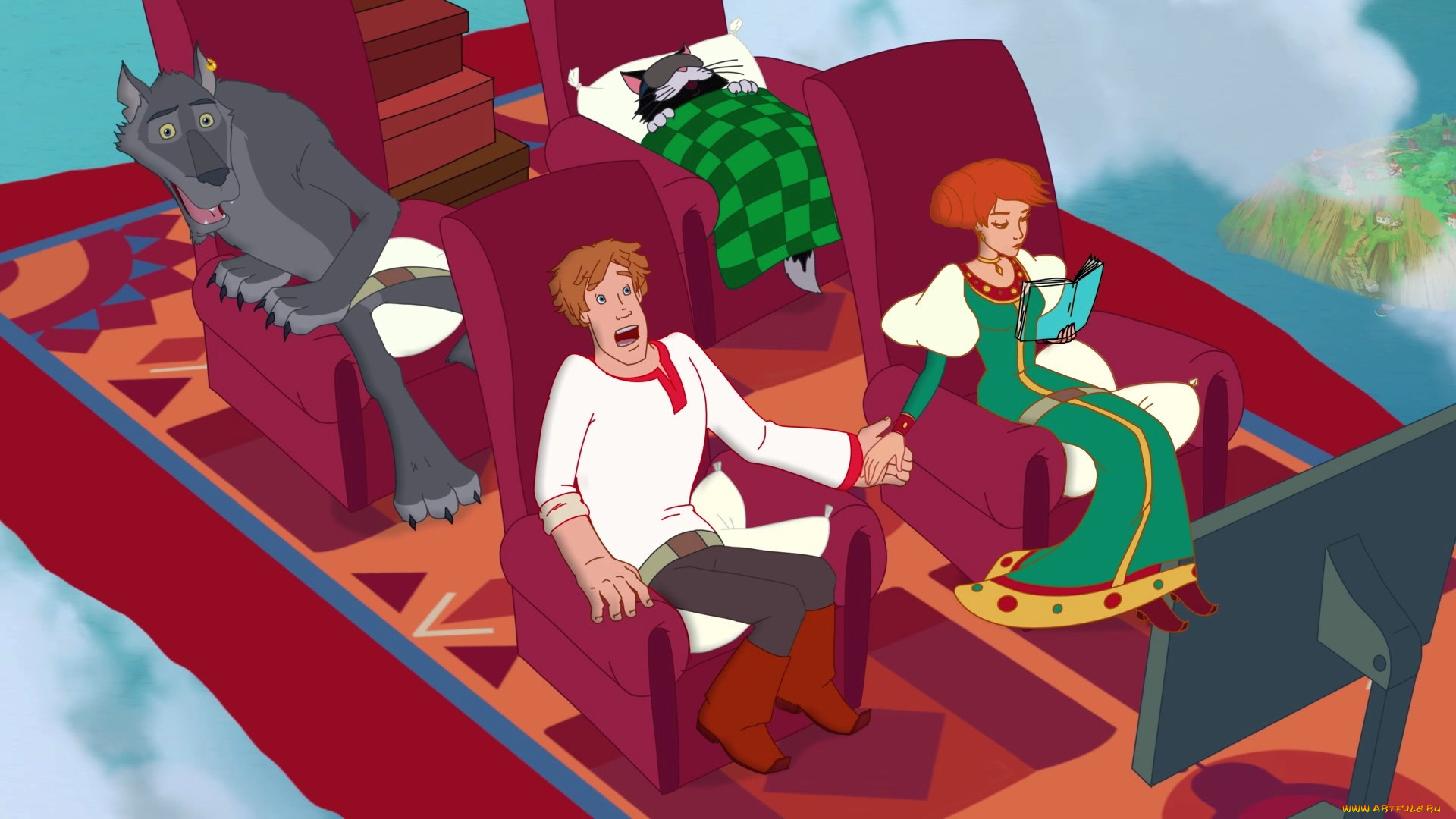 мультфильмы, иван, царевич, и, серый, волк, 3, девушка, парень, кот, книга, полет