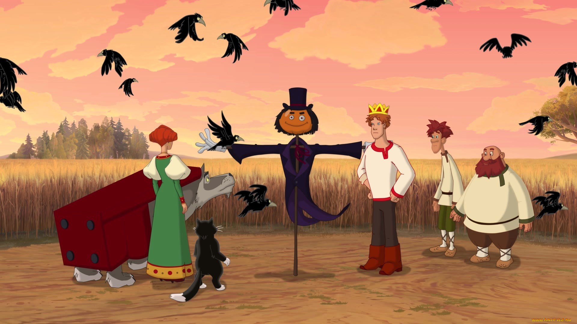 мультфильмы, иван, царевич, и, серый, волк, 3, девушка, мужчина, кот, птица, пугало