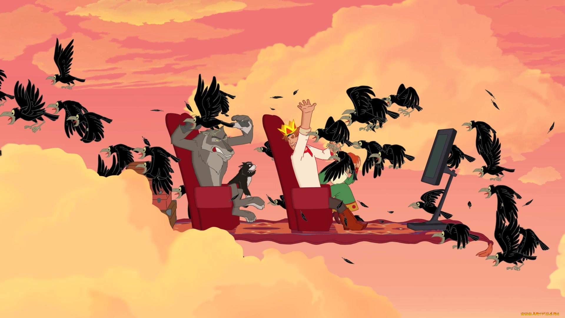 мультфильмы, иван, царевич, и, серый, волк, 3, девушка, парень, птица, полет, кот, волк