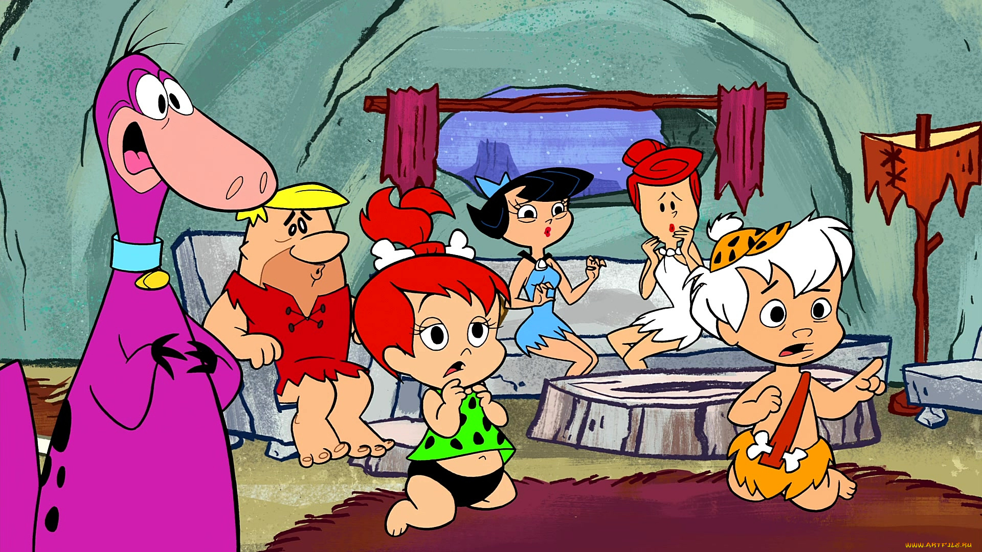 мультфильмы, the, flintstones, комната, разговор, динозавр, женщина, дети, мужчина