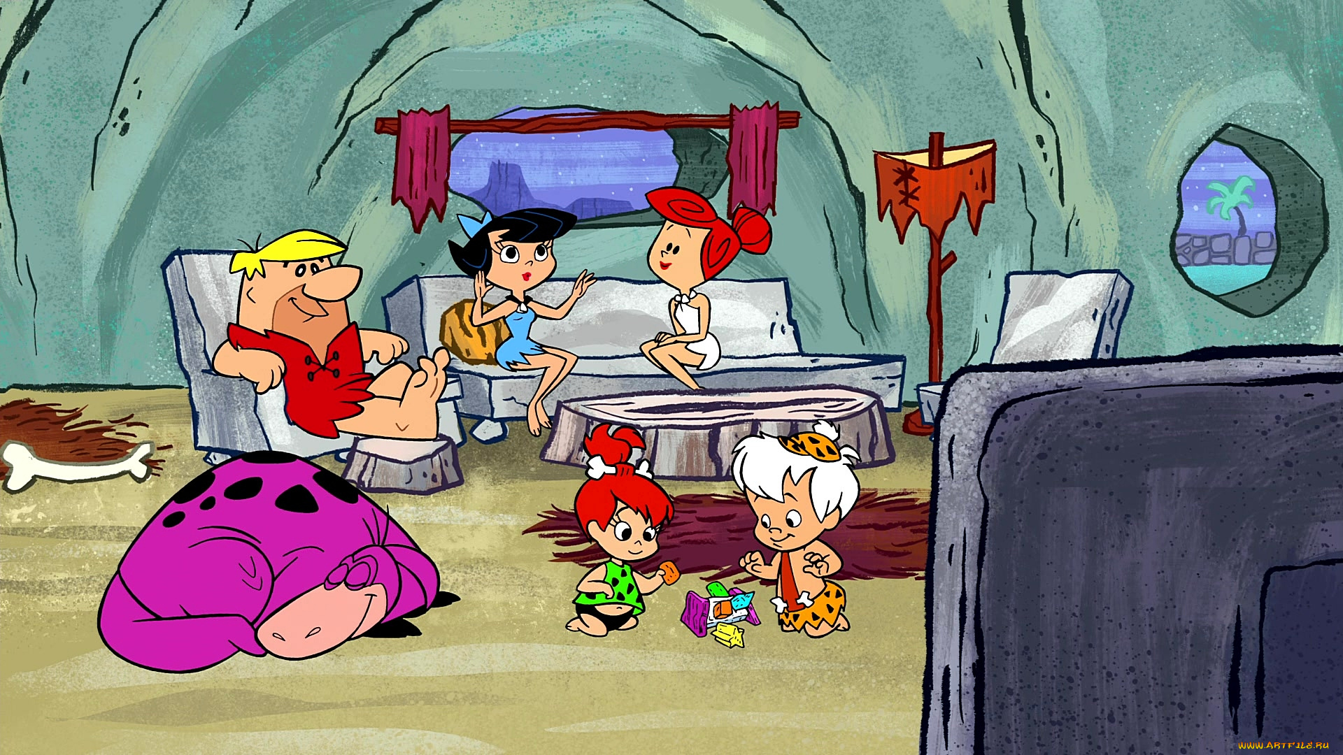 мультфильмы, the, flintstones, разговор, комната, динозавр, дети, женщина, мужчина