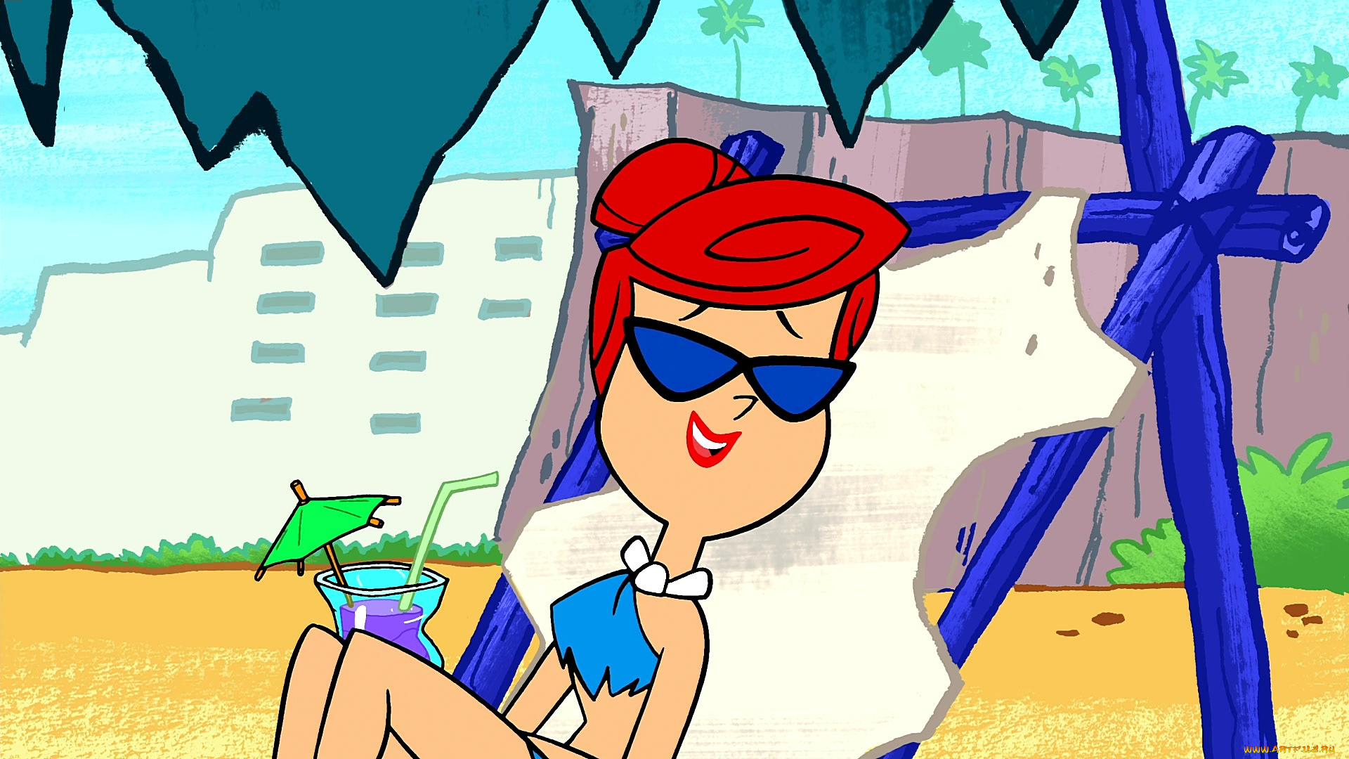 мультфильмы, the, flintstones, шезлонг, очки, женщина, улыбка, коктейль