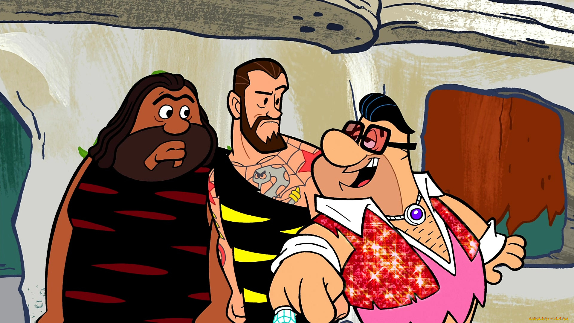 мультфильмы, the, flintstones, трое, мужчина, эмоции, тату, очки
